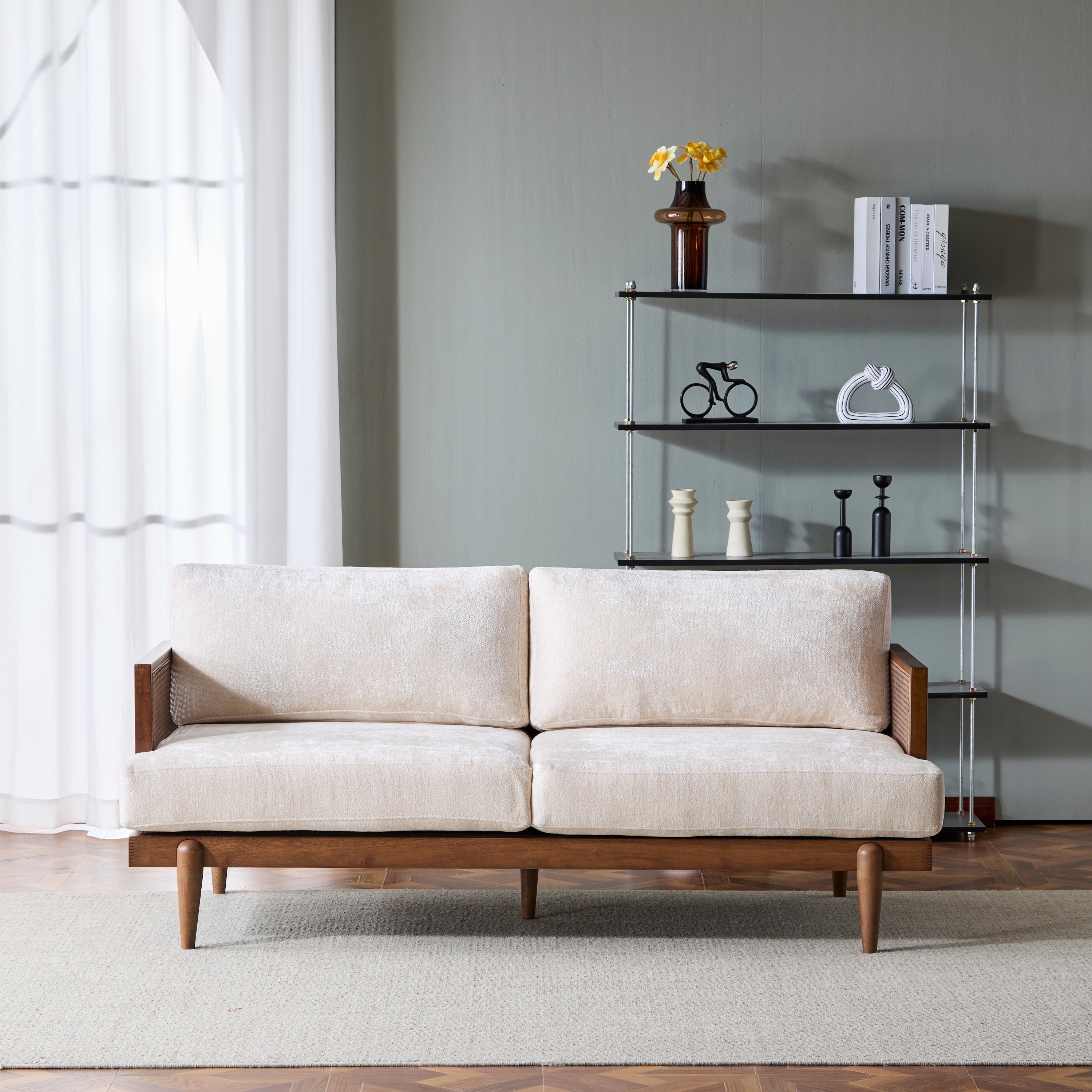 Square Arm 3-Seater Sofa with Cane Rattan and Wooden Frame