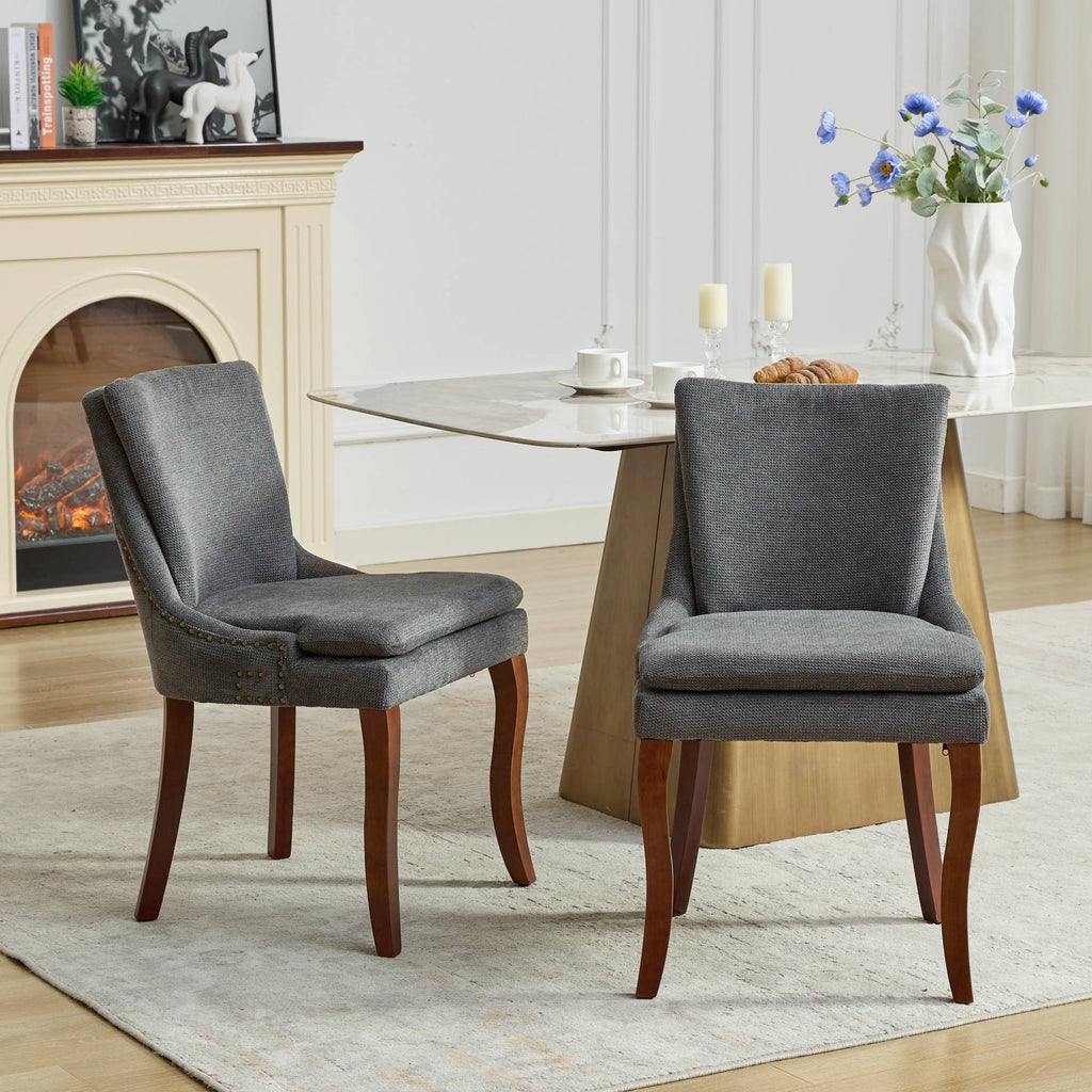 ChenilleUpholstered Dining Chairs with Curved Solid Wood Legs, Set of 2