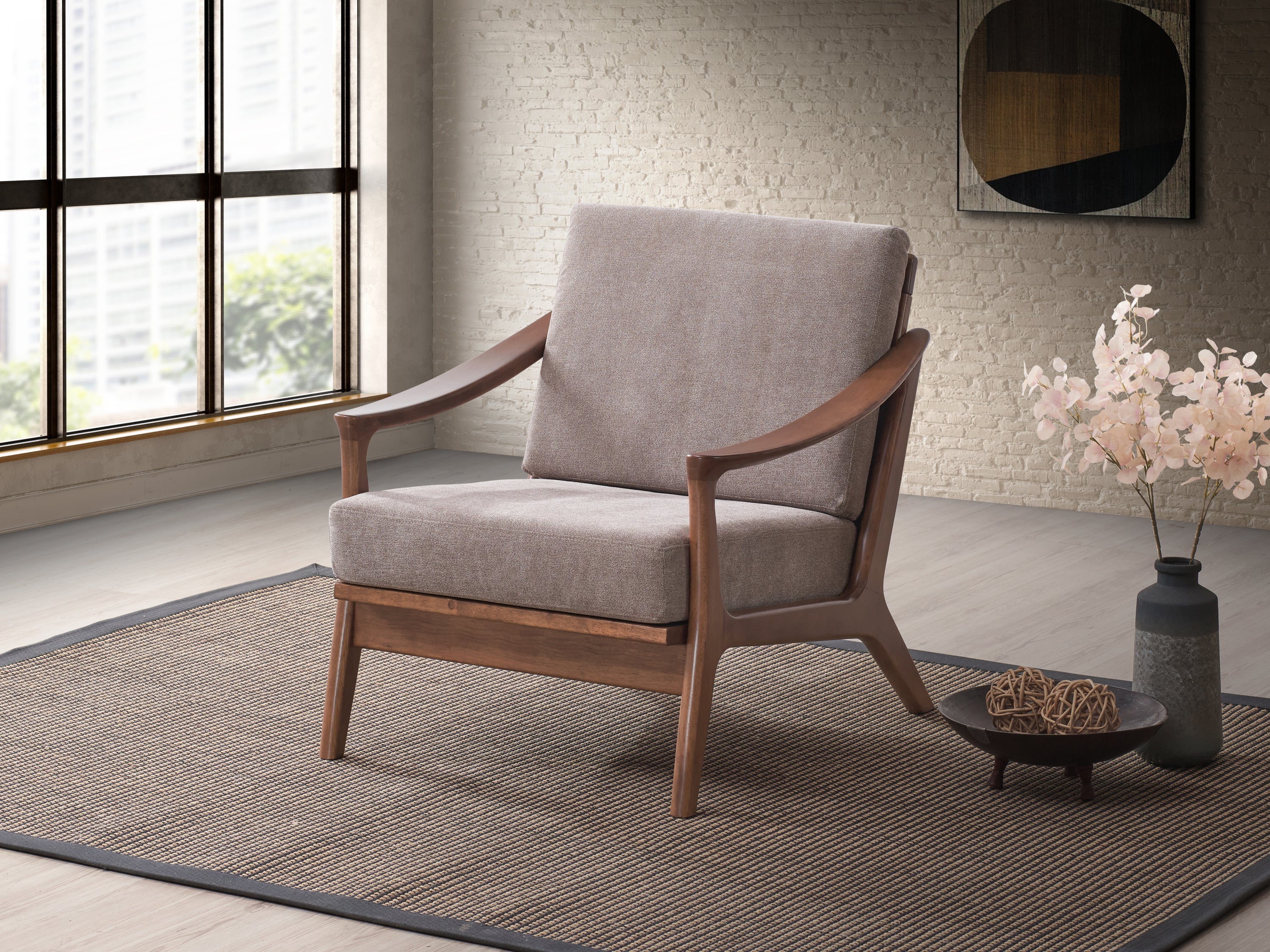 Lide Light Brown Fabric & Brown Finish Accent Chair