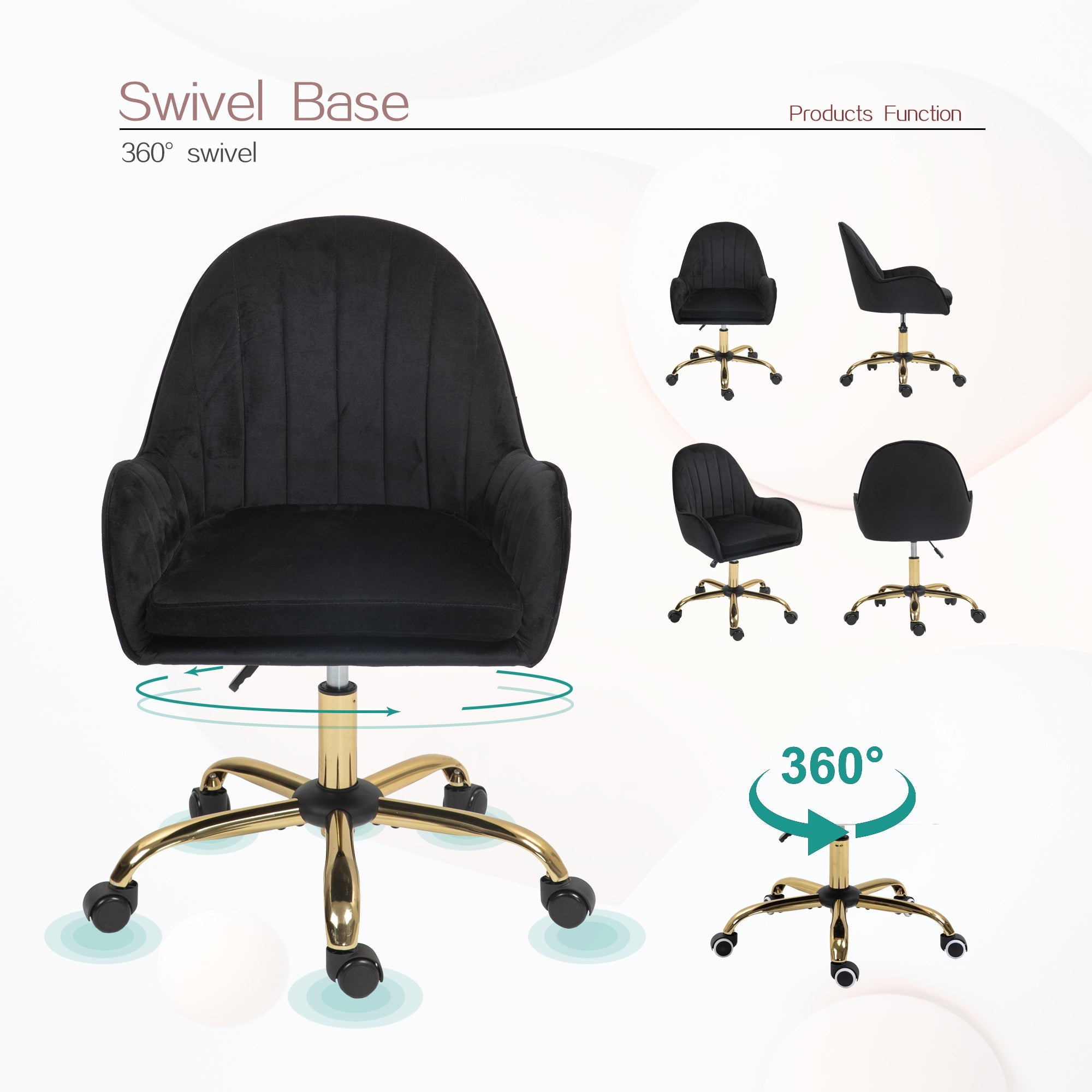 Velvet Home Office Chair with Wheels and Gold Metal Base