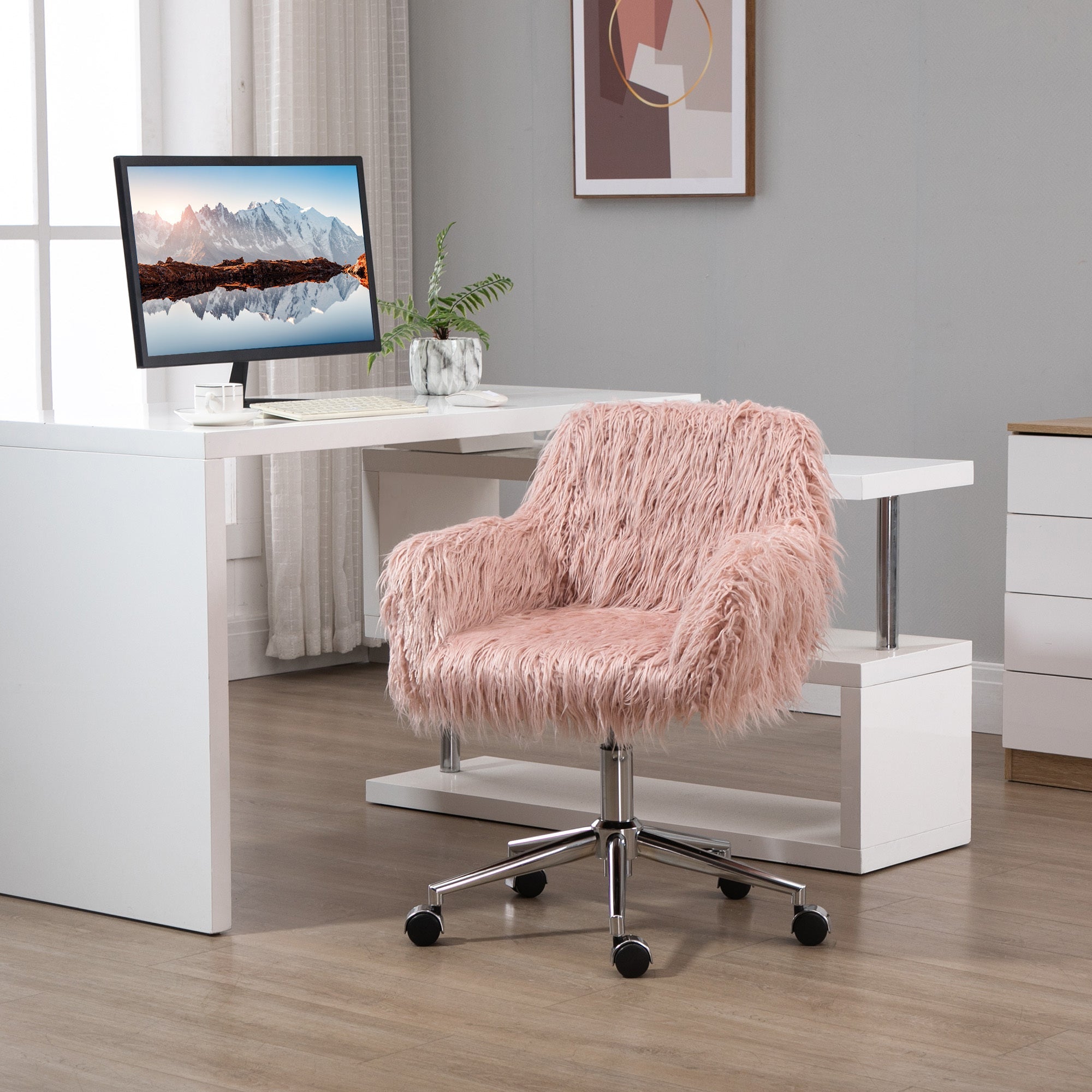 Faux Fur Desk Chair with Adjustable Height and Wheels