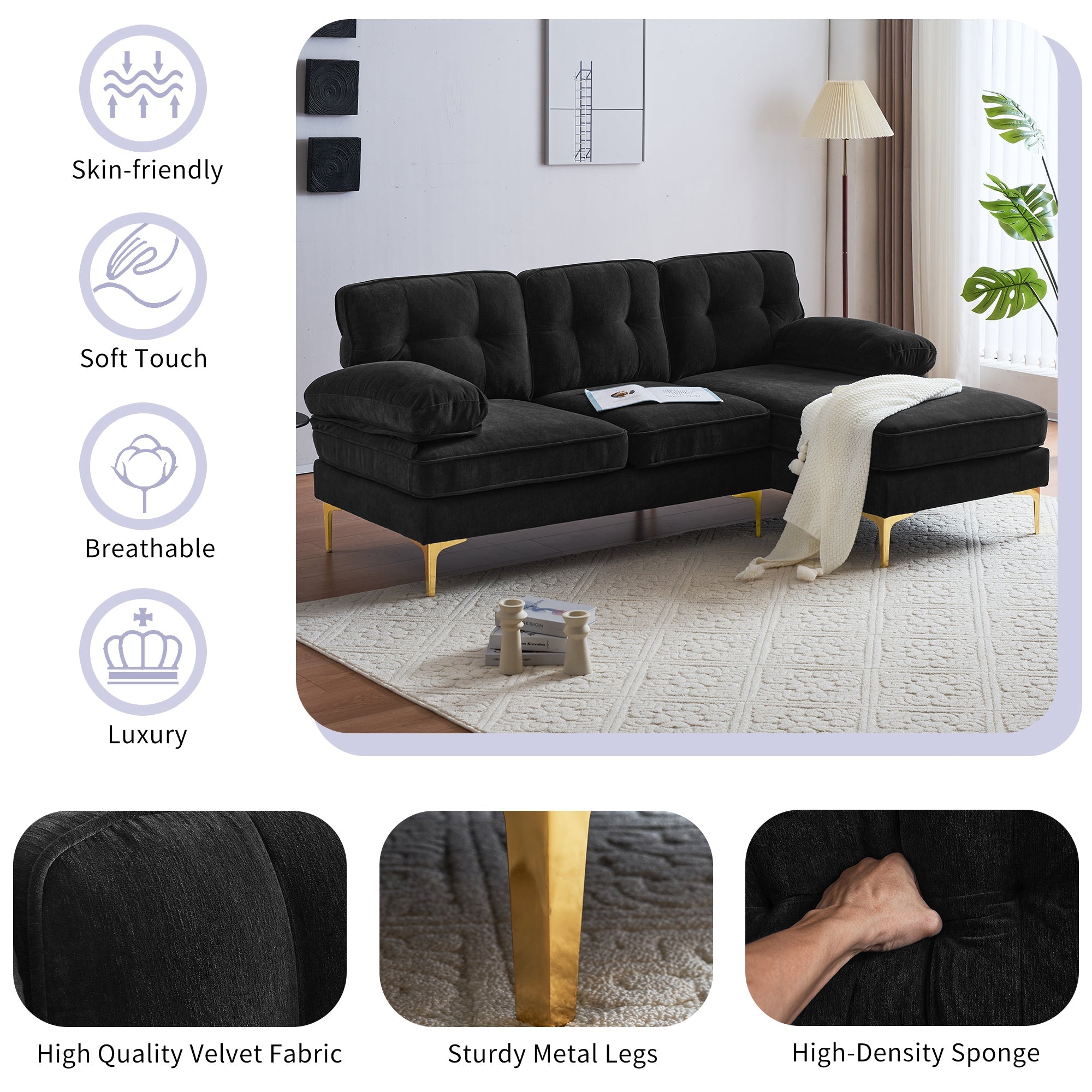 Modern Tufted Velvet L-Shape Sofa