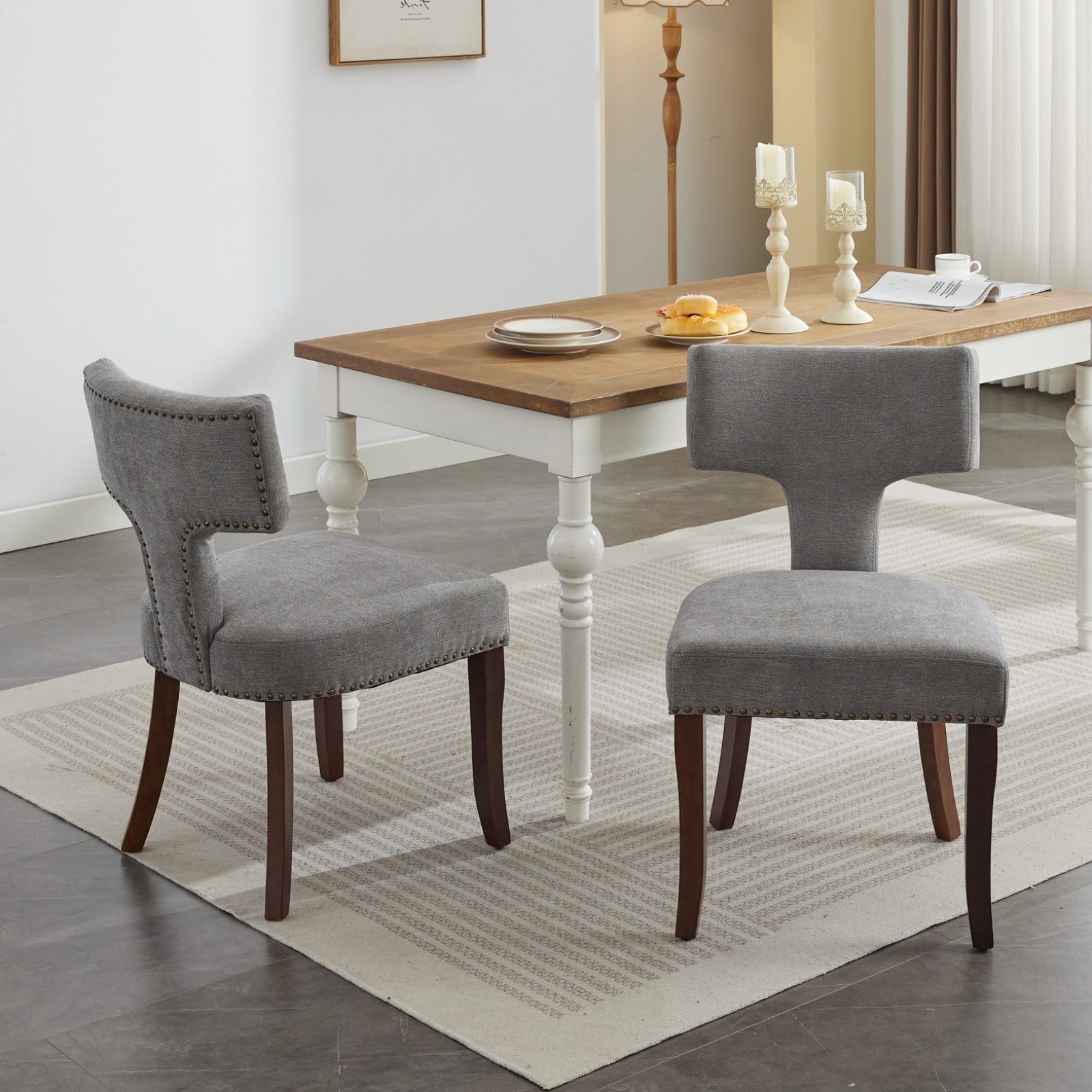 Mid Century Modern T-Back Dining Chairs with Nailhead Trim, Set of 2