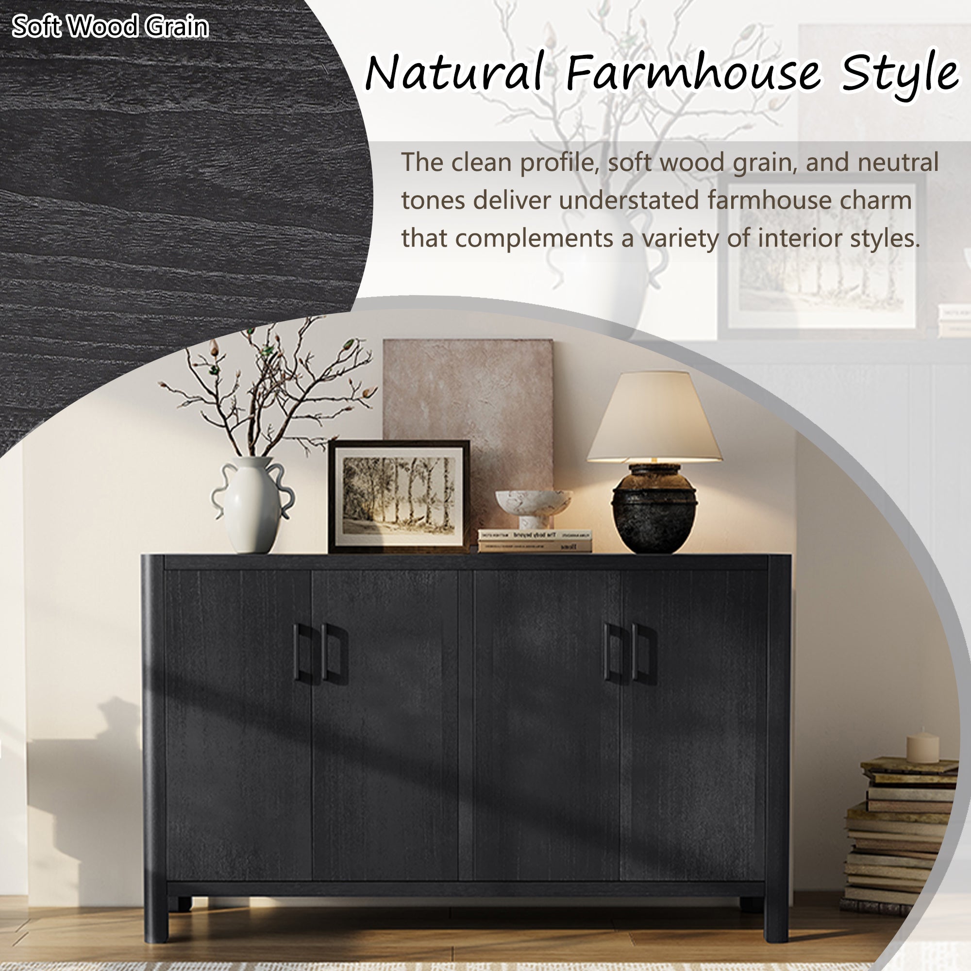 Farmhouse Style 4-Door Cabinet with Natural Distressed Finish