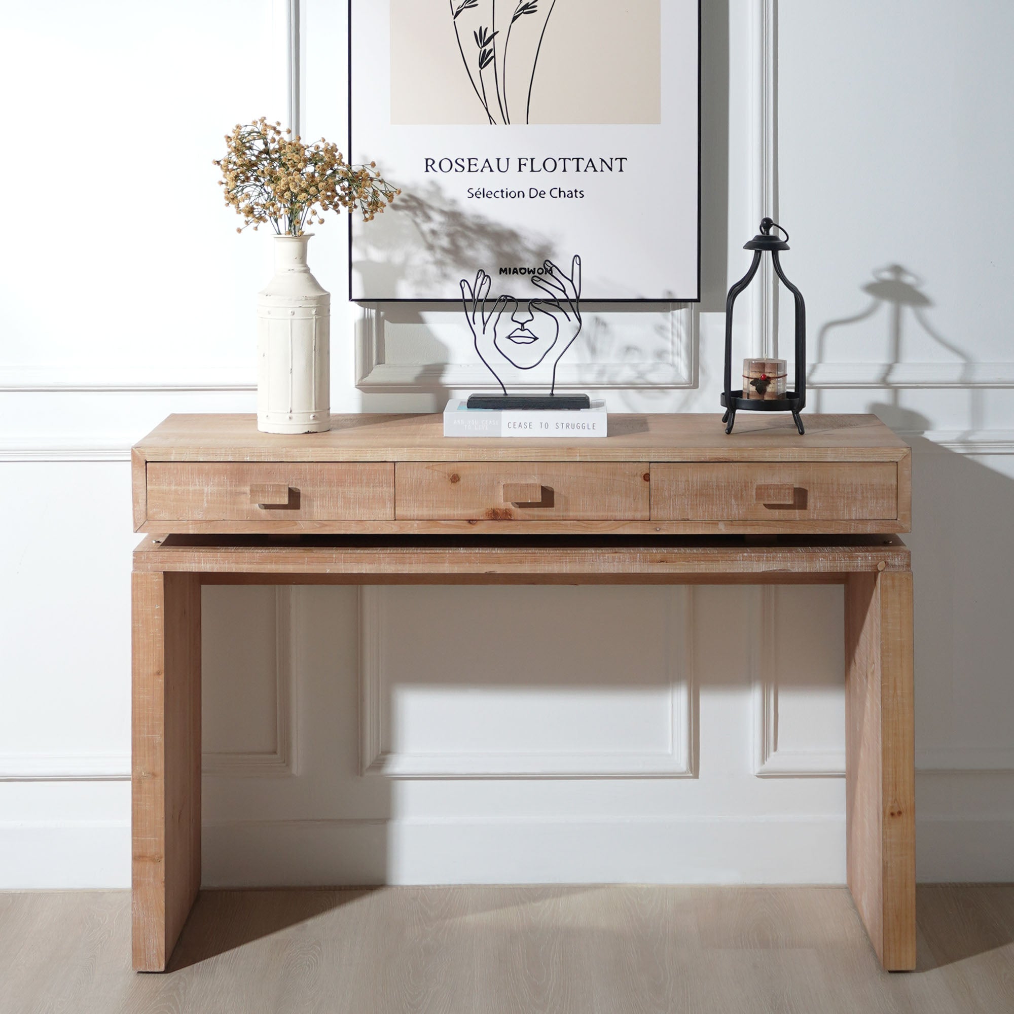 Rustic Natural & Light Brown Finish Wood Console Table with 3 Drawers