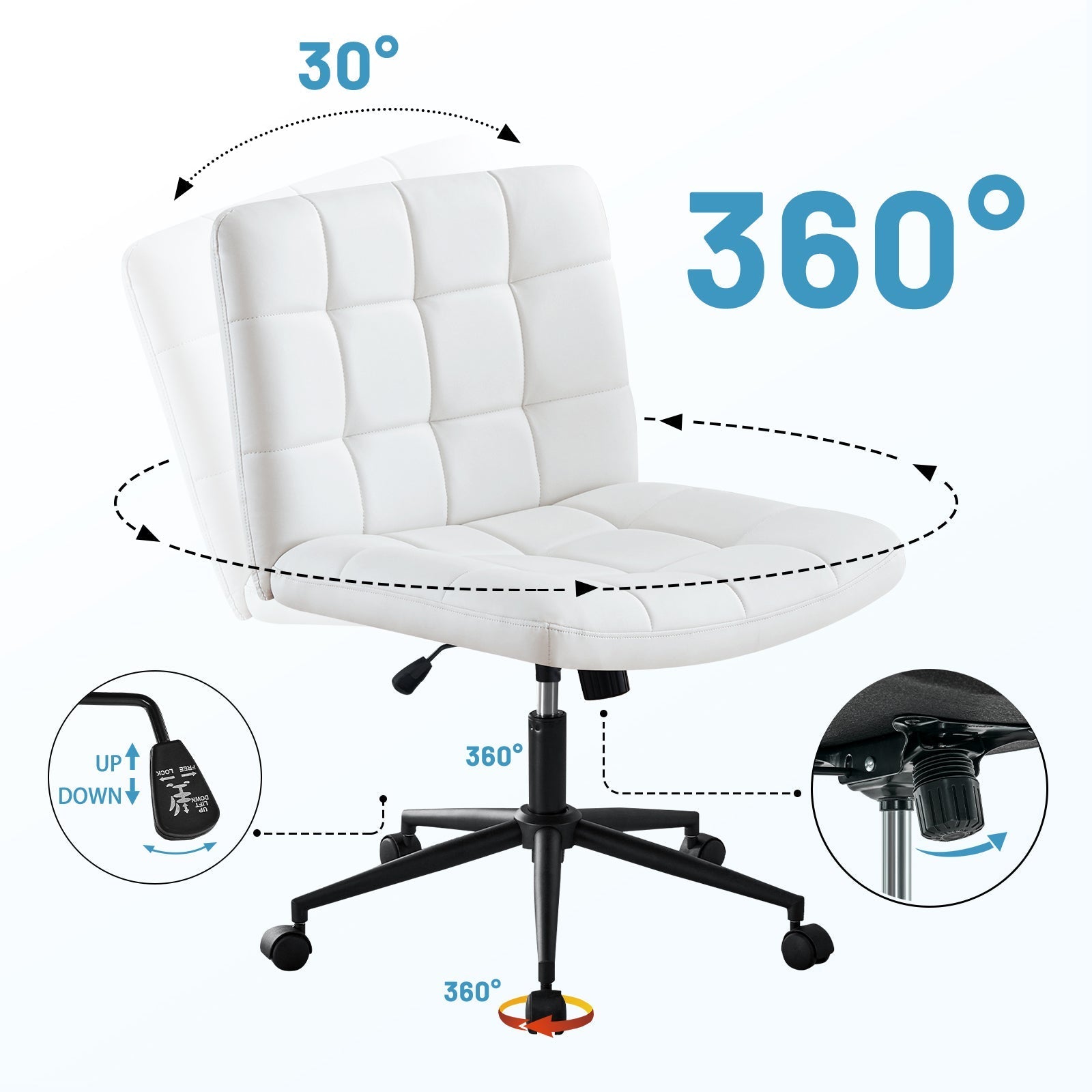 Desk Chair with Wheels, Armless Desk Chair, Adjustable Height 360° Rolling Swivel