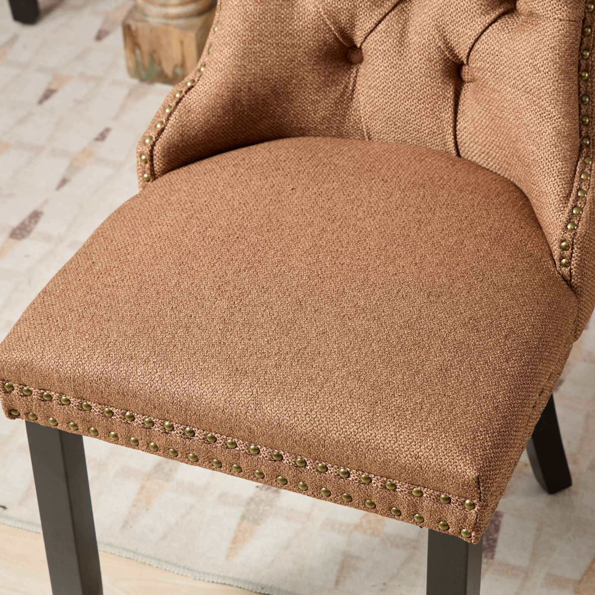 Rosewick Modern Tufted Linen Nailhead Trim Solid Wood Upholstered Dining Chair with Black Legs, Set of 2