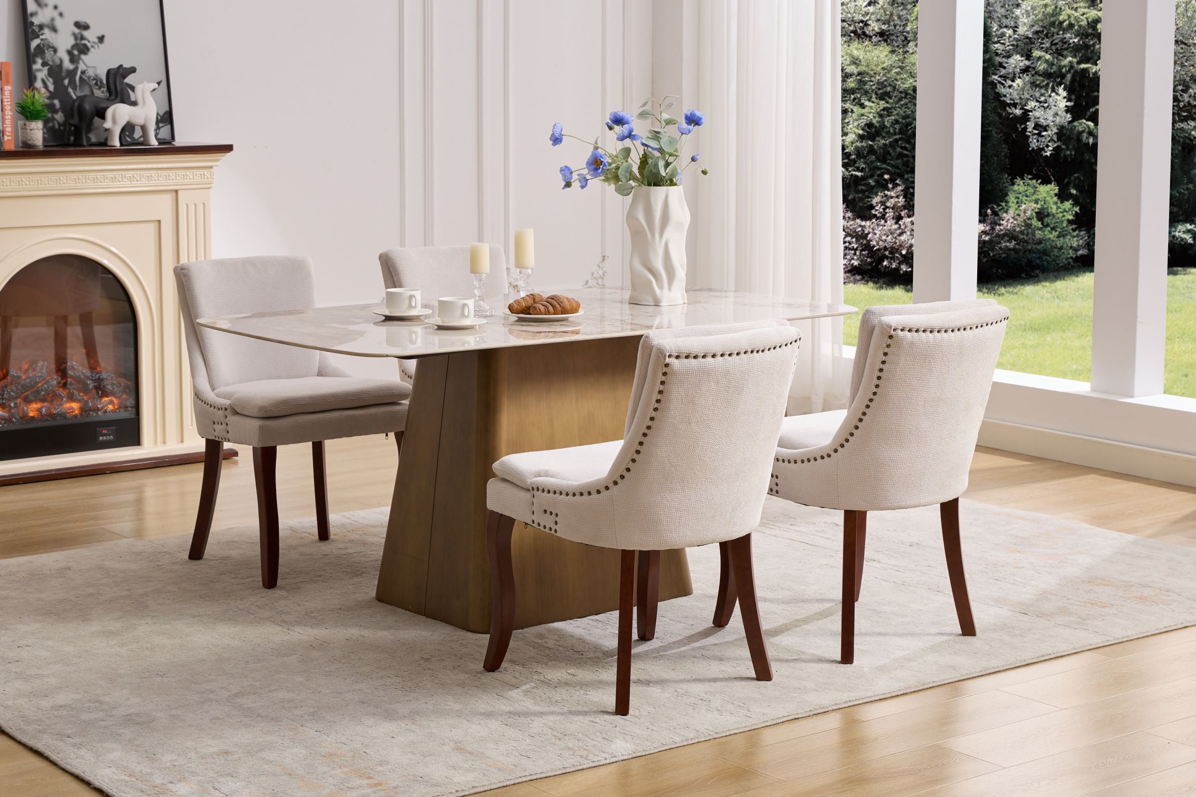 ChenilleUpholstered Dining Chairs with Curved Solid Wood Legs, Set of 2