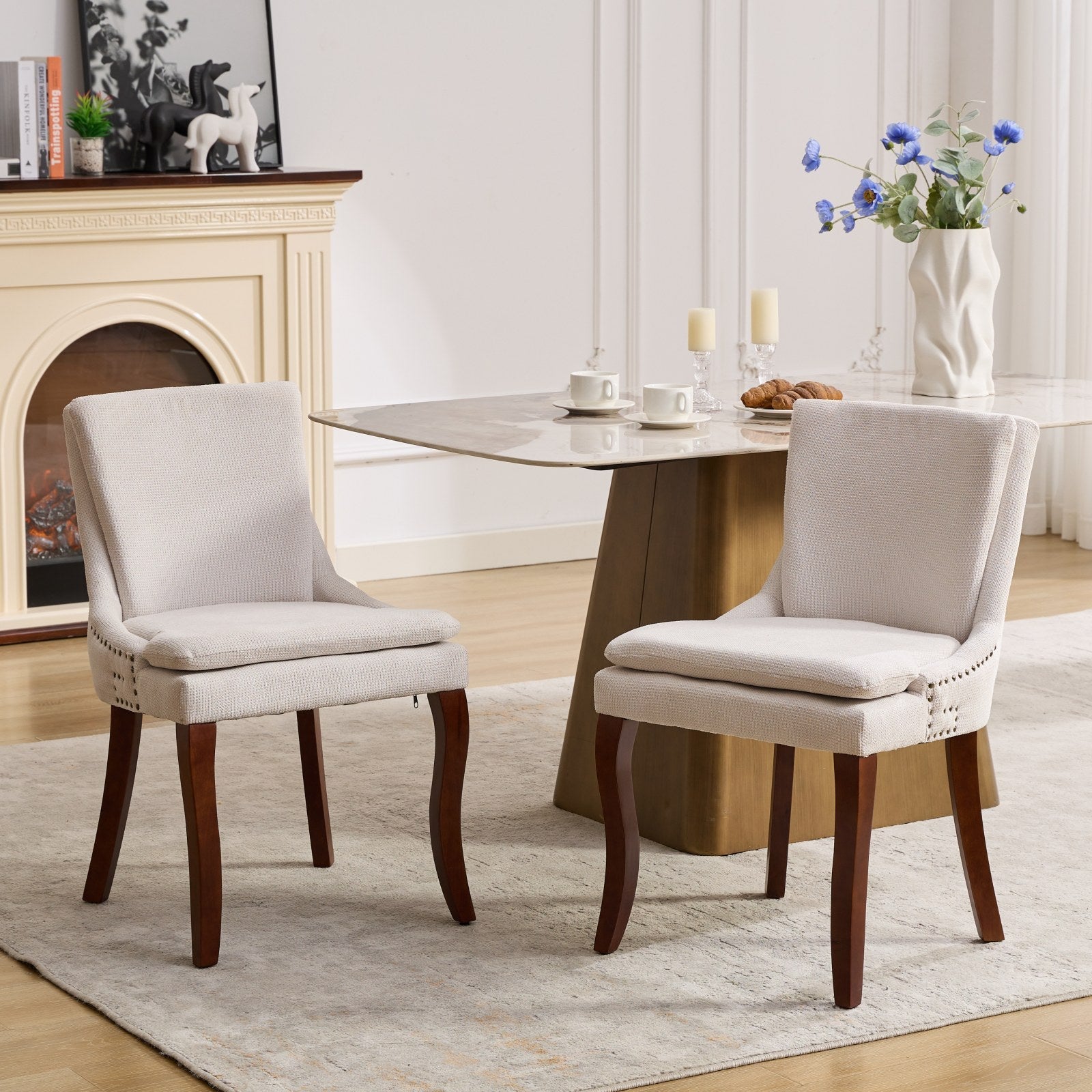 ChenilleUpholstered Dining Chairs with Curved Solid Wood Legs, Set of 2
