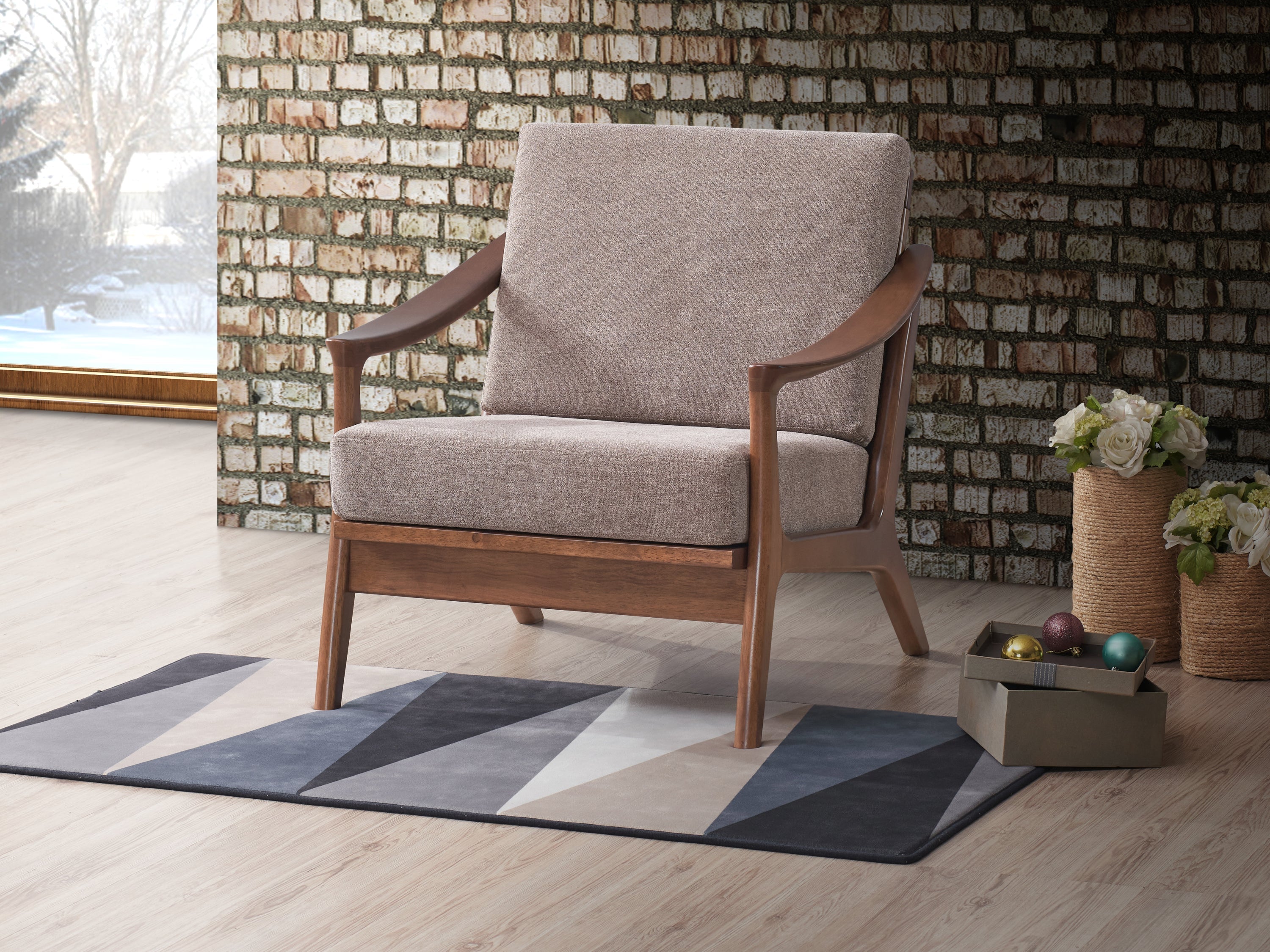 Lide Light Brown Fabric & Brown Finish Accent Chair
