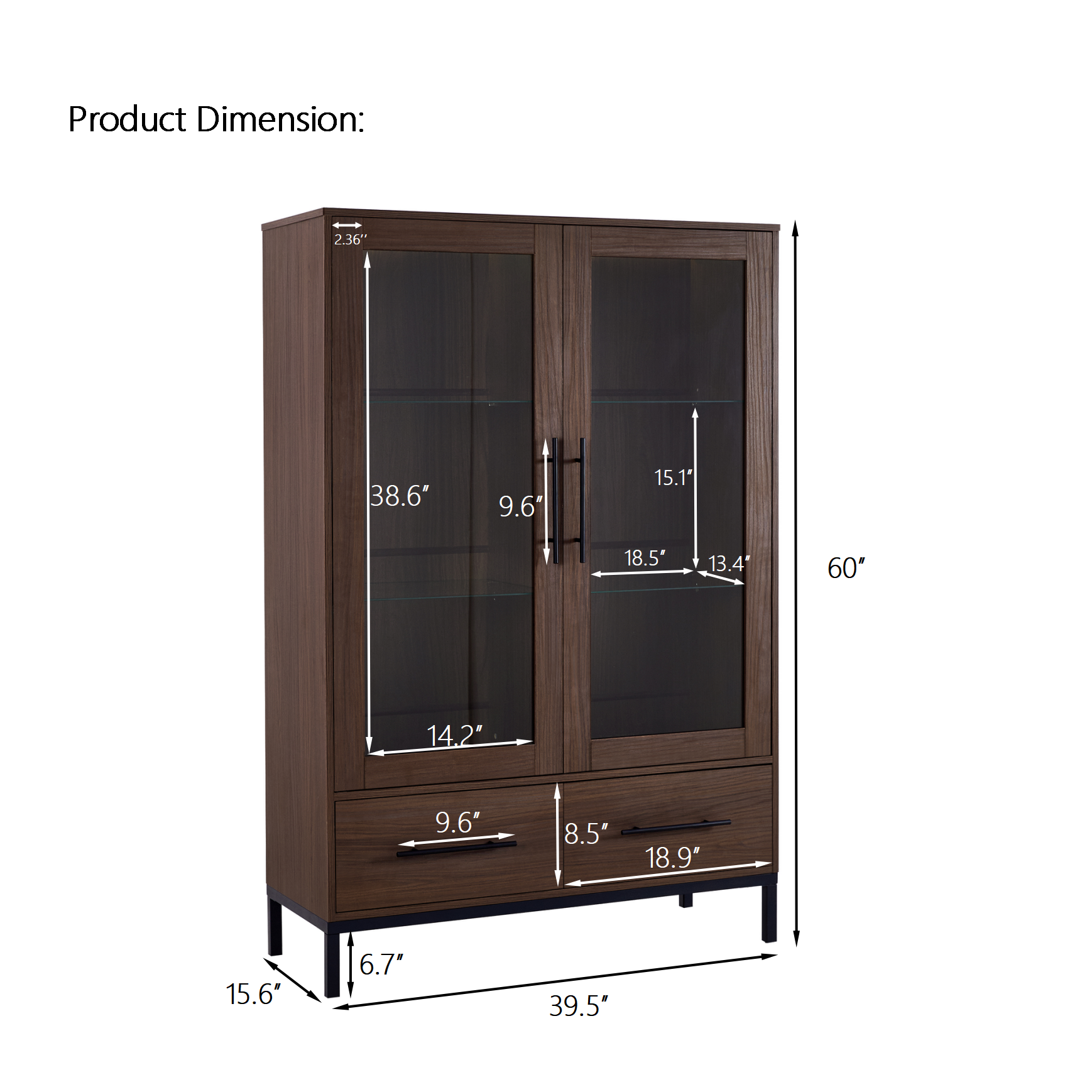Wide Farmhouse Storage Cabinet with 4-Tier Adjustable Glass Shelves