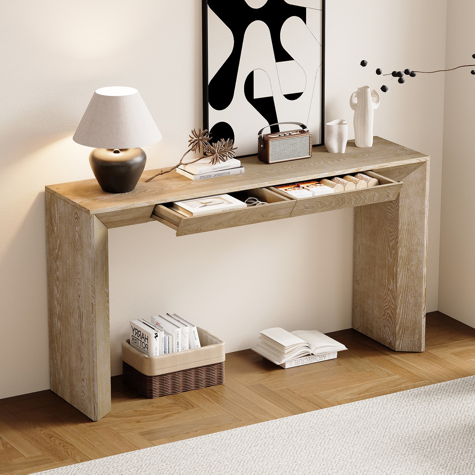 Modern Farmhouse Waterfall Console Table with 2 Concealed Drawers