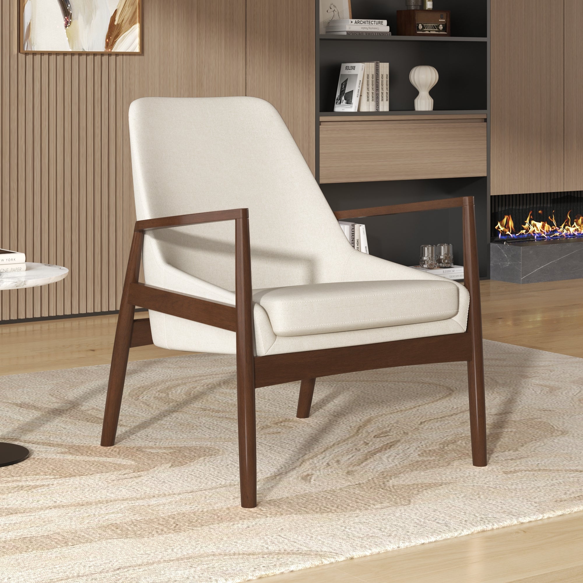 Faux Leather Mid-Century Modern Armchair with Solid Wood Frame