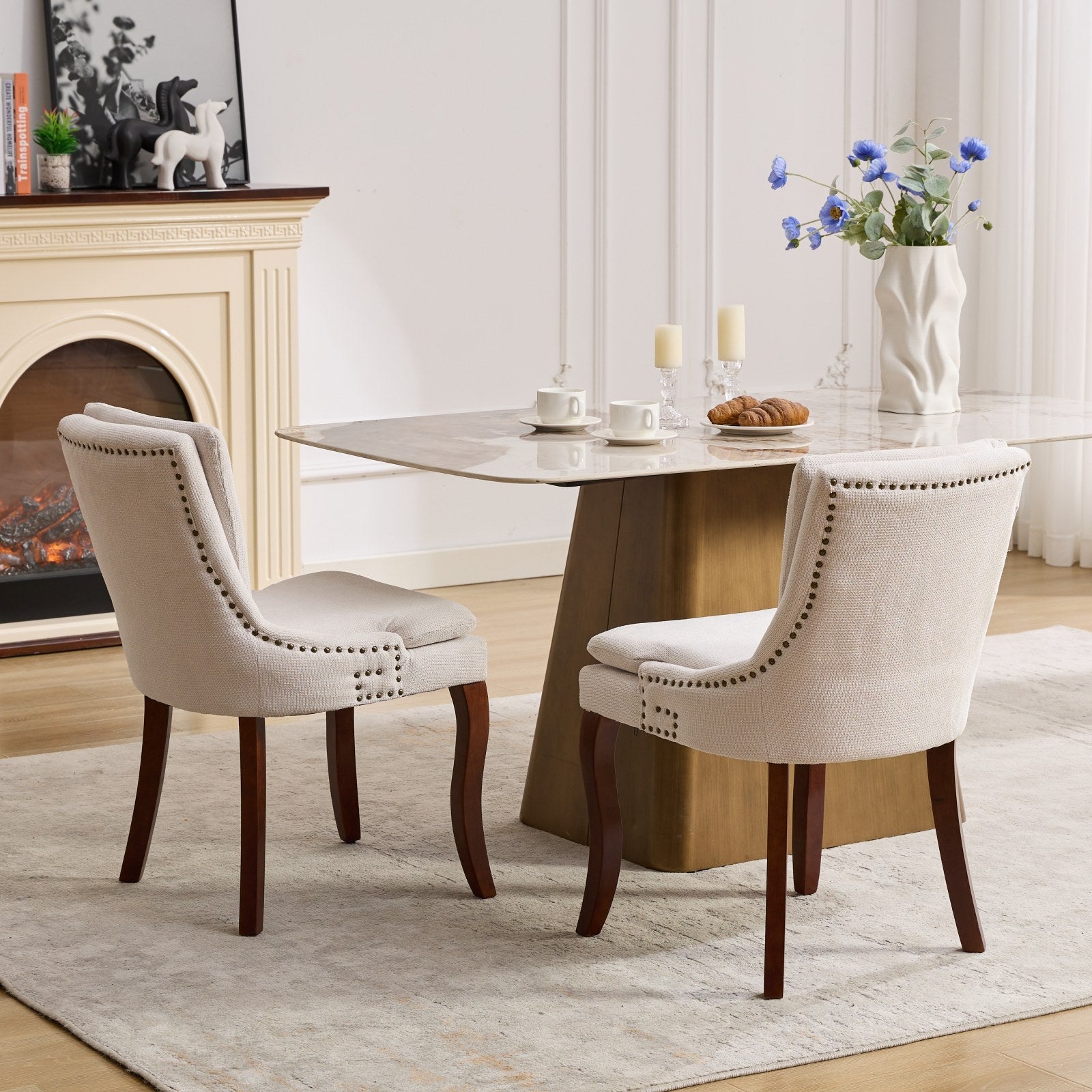 ChenilleUpholstered Dining Chairs with Curved Solid Wood Legs, Set of 2