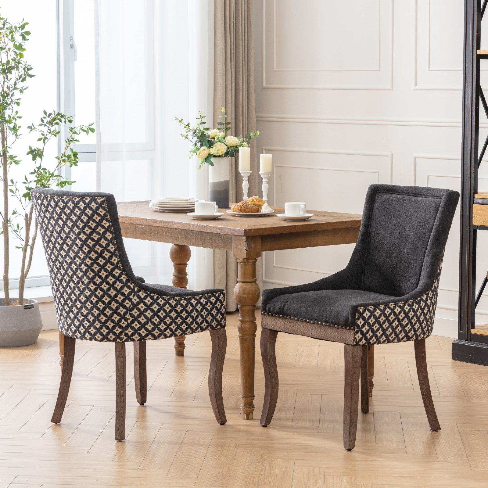 Square Patterned Back Upholstered Dining Chair with Bronze Nailhead Trim, Set of 2