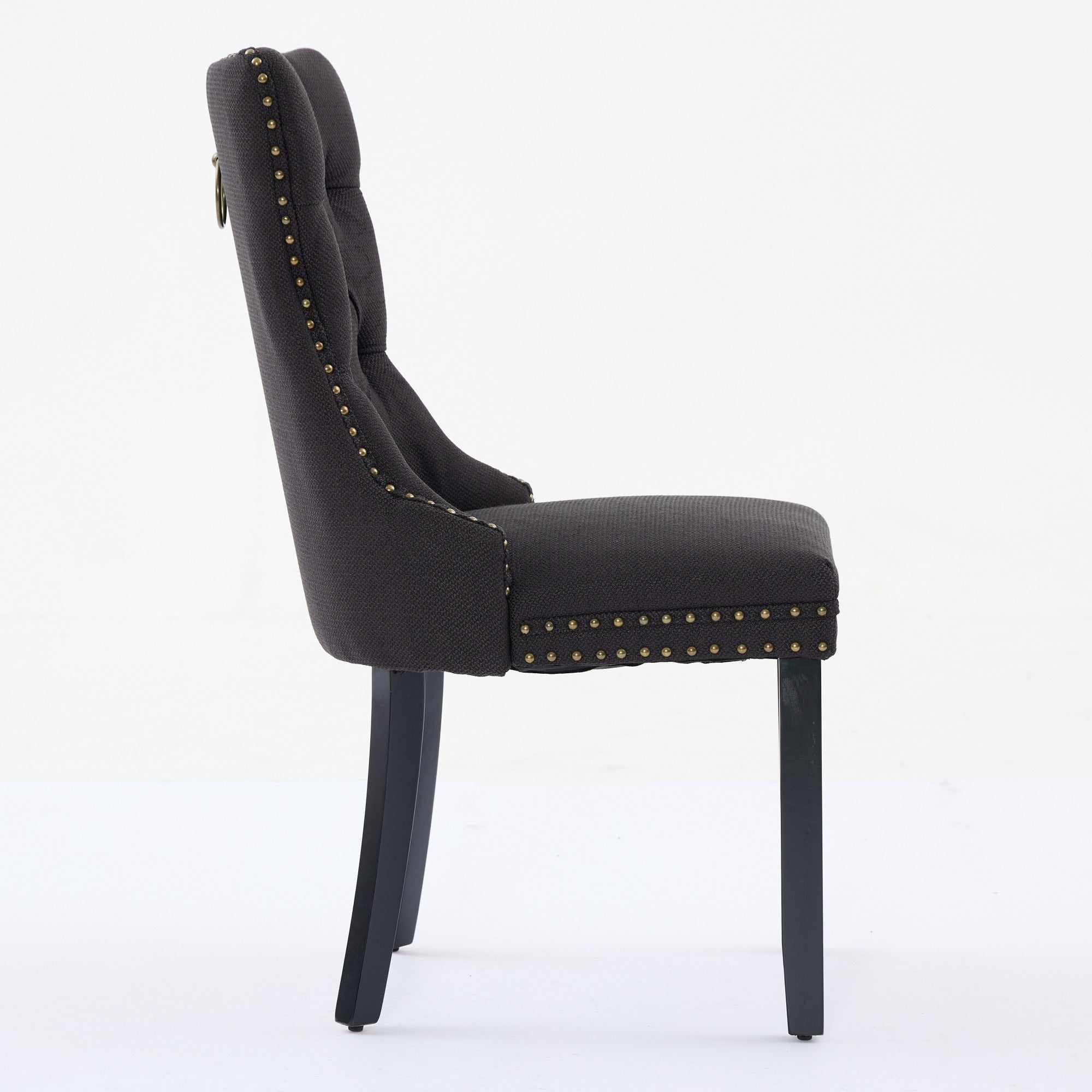 Rosewick Modern Tufted Linen Nailhead Trim Solid Wood Upholstered Dining Chair with Black Legs, Set of 2