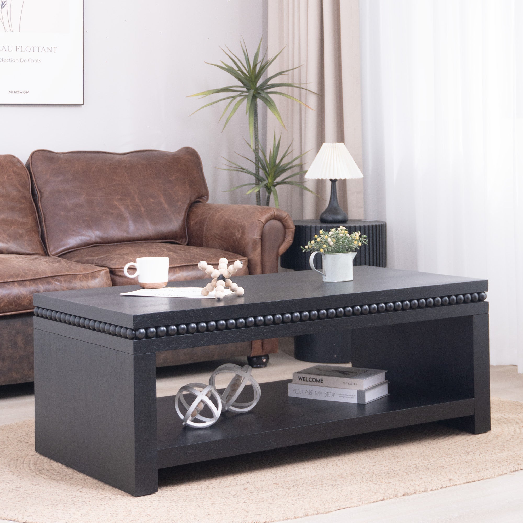 Modern Wood Coffee Table with Beaded Trim