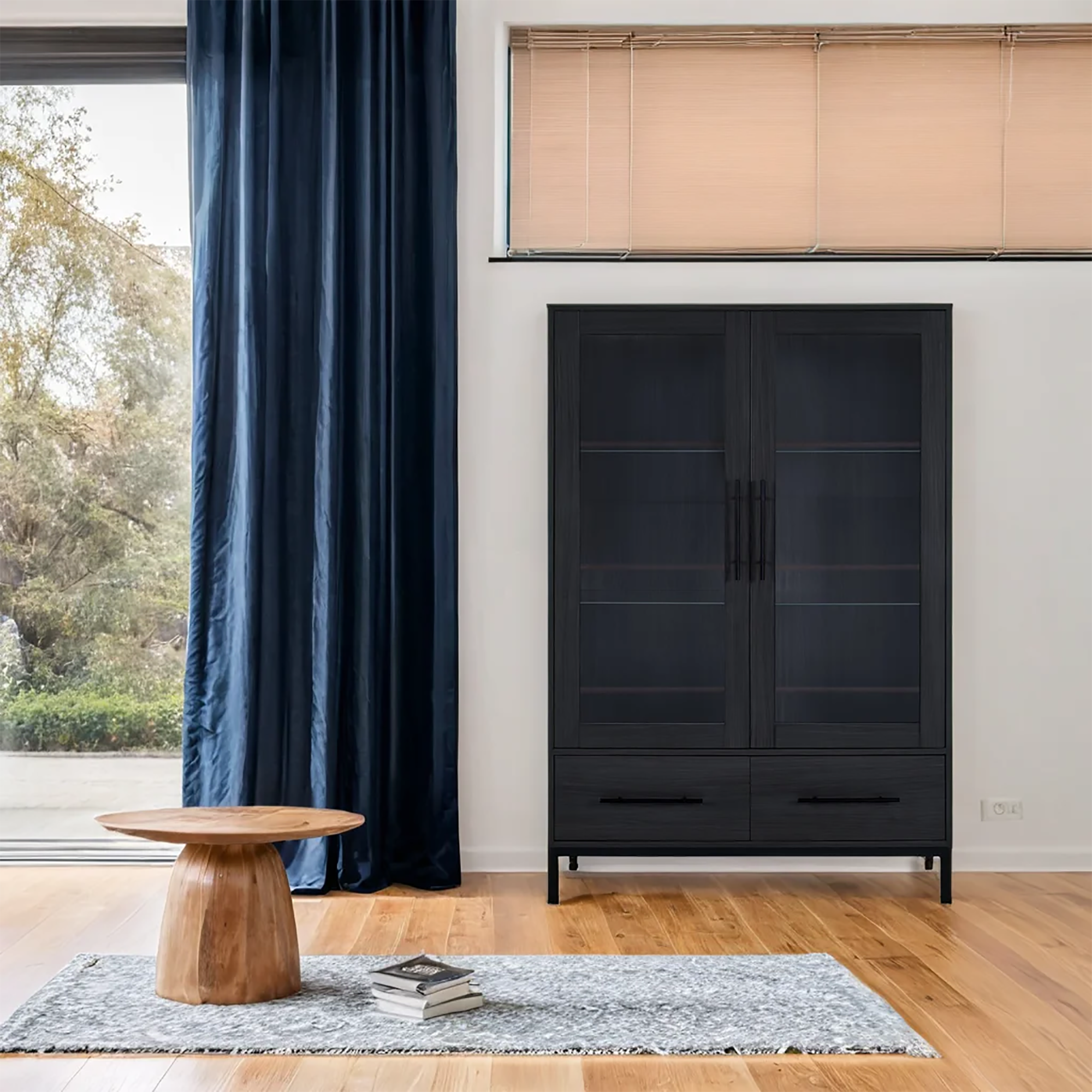 Wide Farmhouse Storage Cabinet with 4-Tier Adjustable Glass Shelves