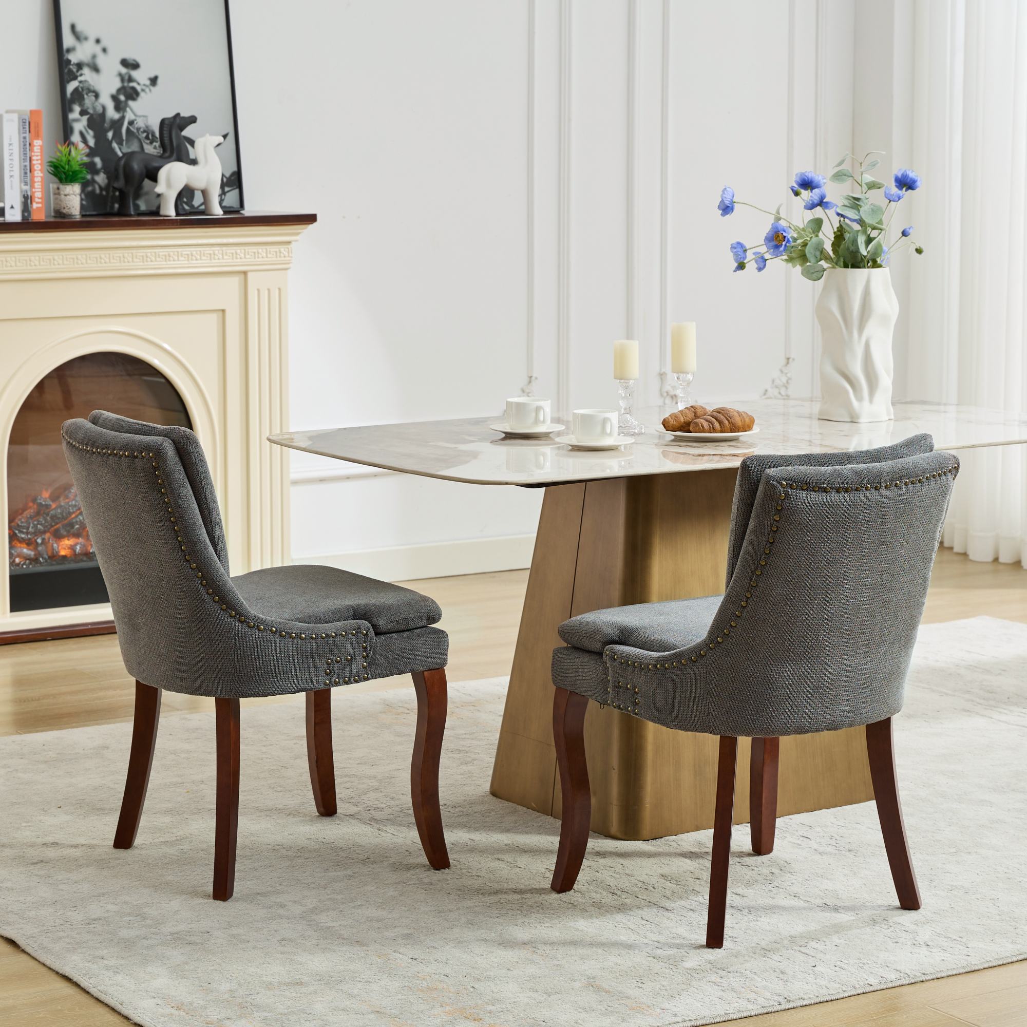 ChenilleUpholstered Dining Chairs with Curved Solid Wood Legs, Set of 2