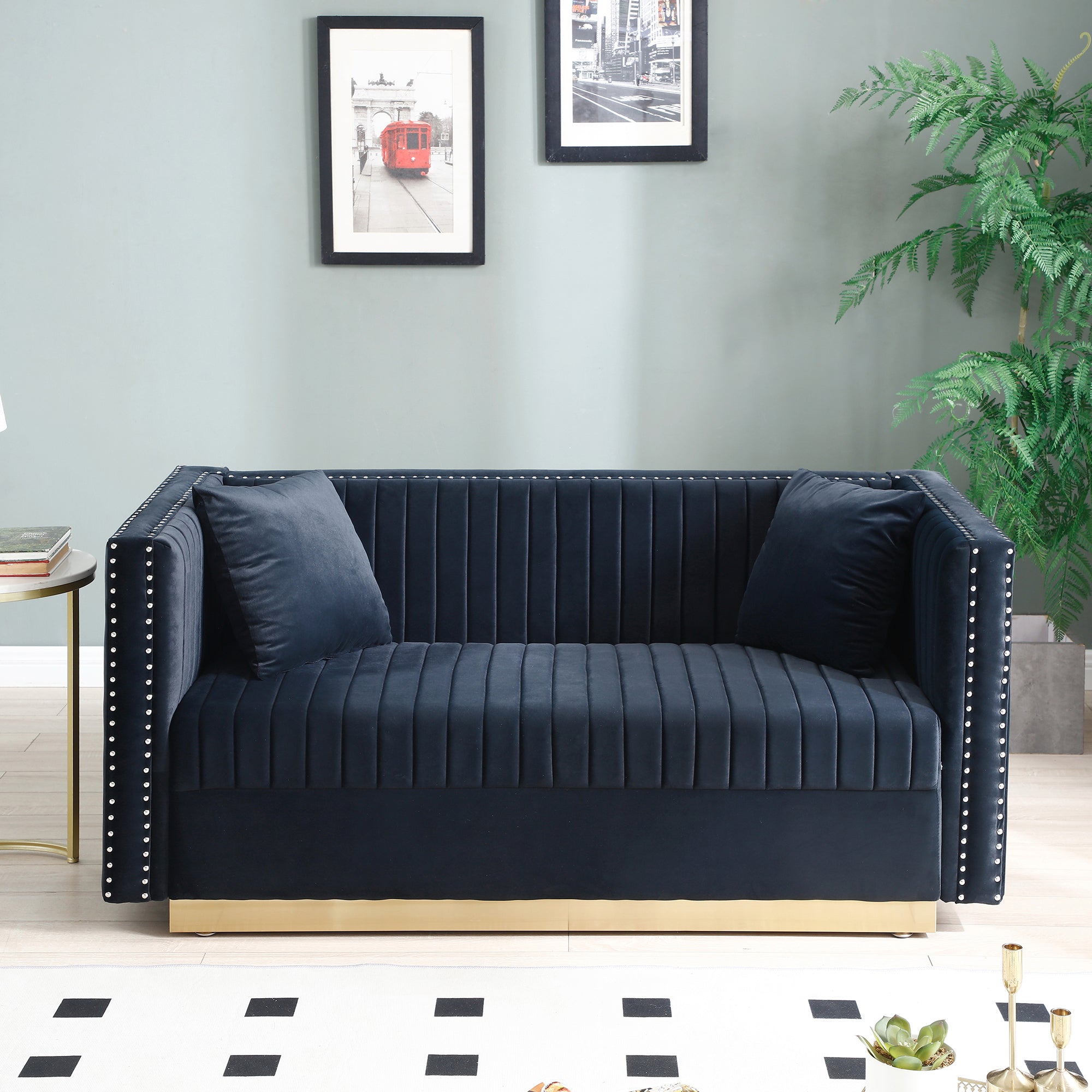 Contemporary Vertical Channel Tufted Velvet Loveseat Sofa