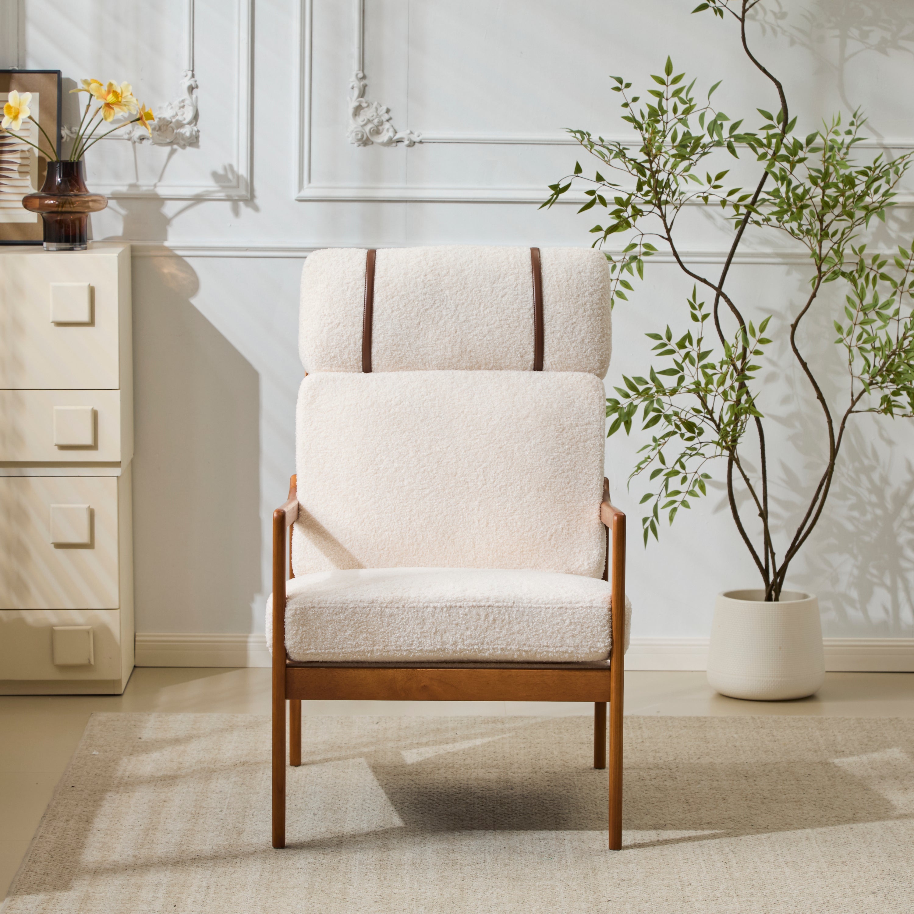 Birchmere Mid Century Modern Accent Armchair, Solid Wood Frame with High Back & Upholstered Cushions