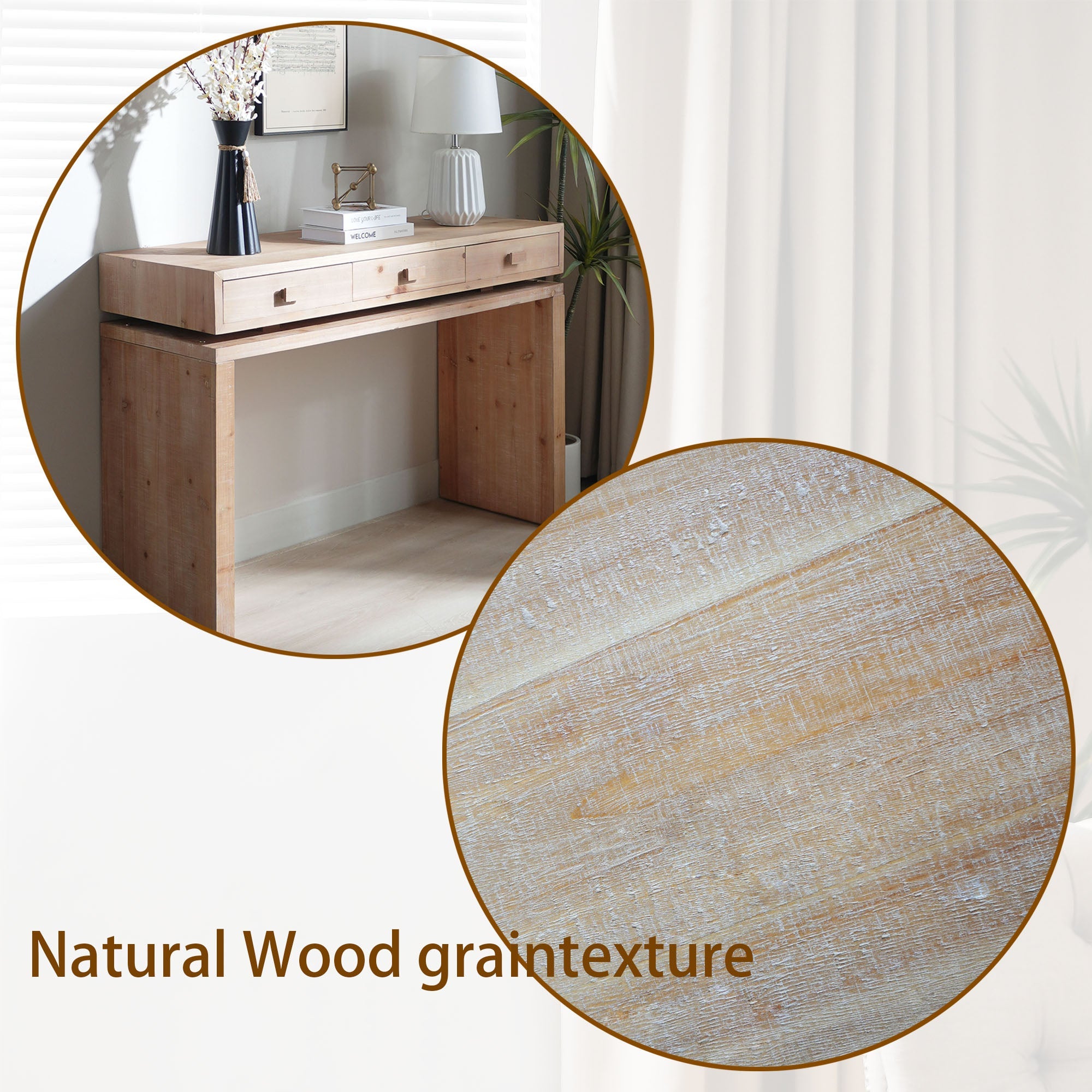 Rustic Natural & Light Brown Finish Wood Console Table with 3 Drawers