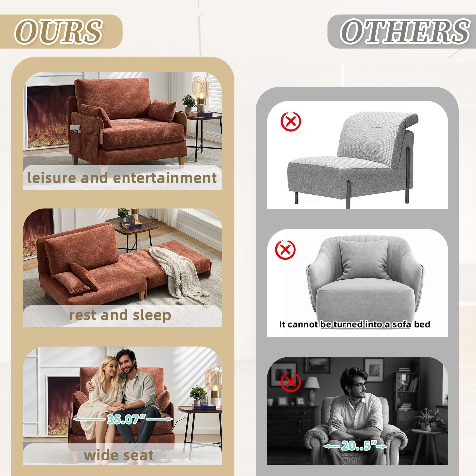 Mid-Century Modern Chenille Foldable Sofa Bed Recliner