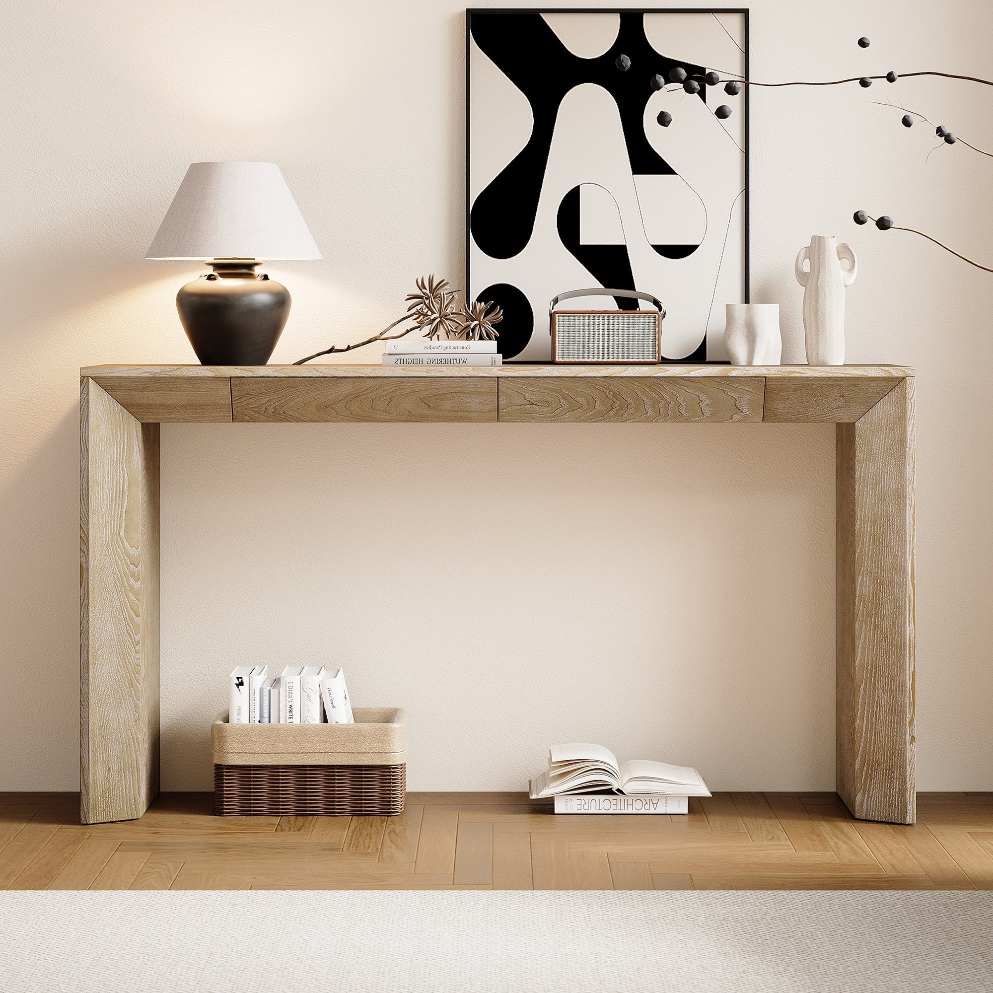 Modern Farmhouse Waterfall Console Table with 2 Concealed Drawers