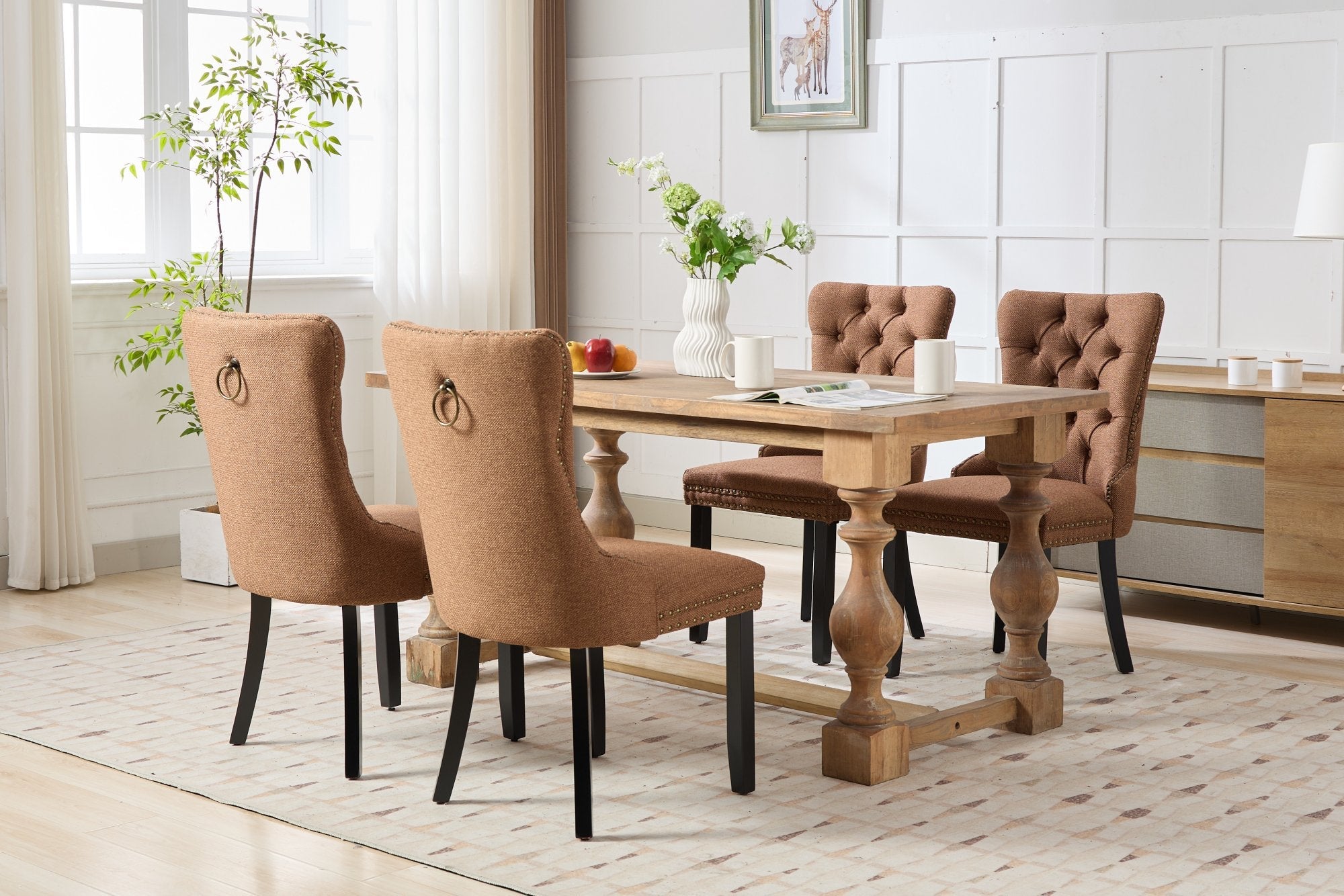 Rosewick Modern Tufted Linen Nailhead Trim Solid Wood Upholstered Dining Chair with Black Legs, Set of 2