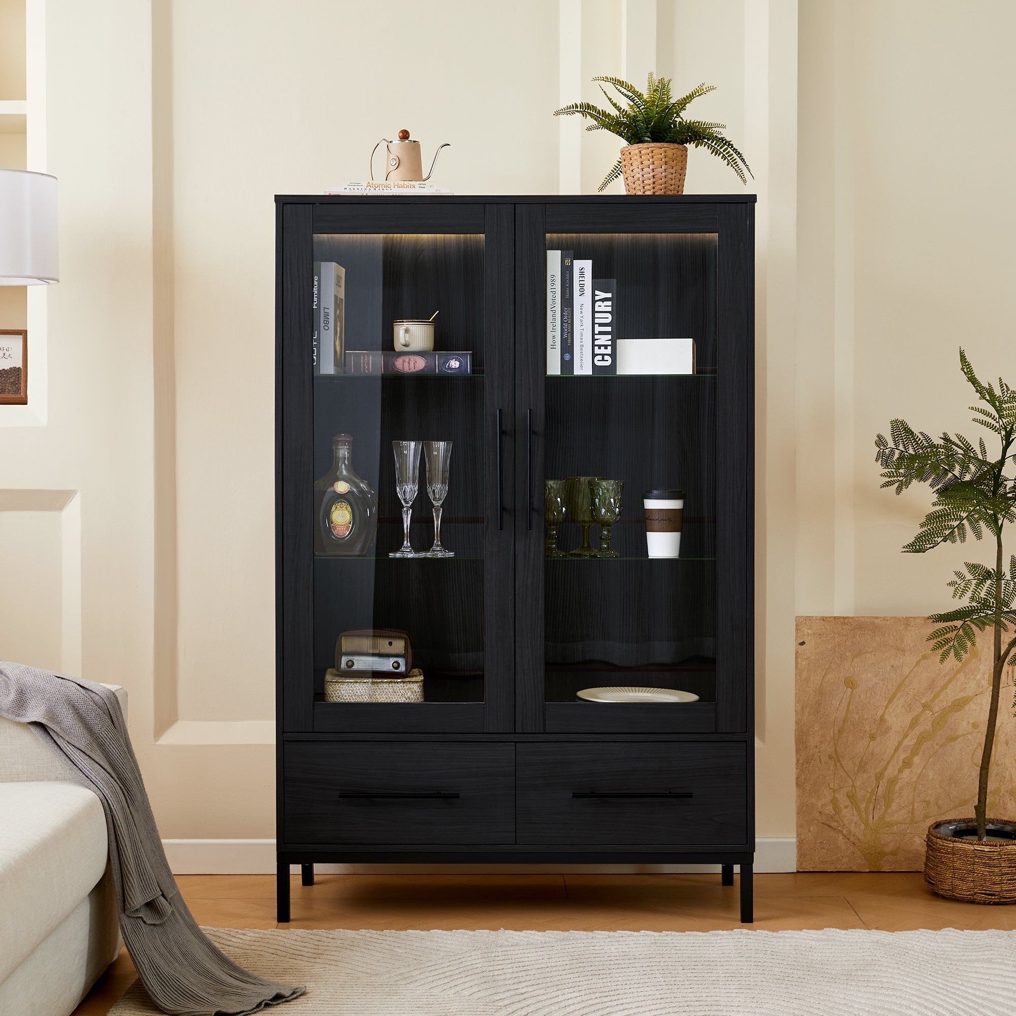 Wide Farmhouse Storage Cabinet with 4-Tier Adjustable Glass Shelves