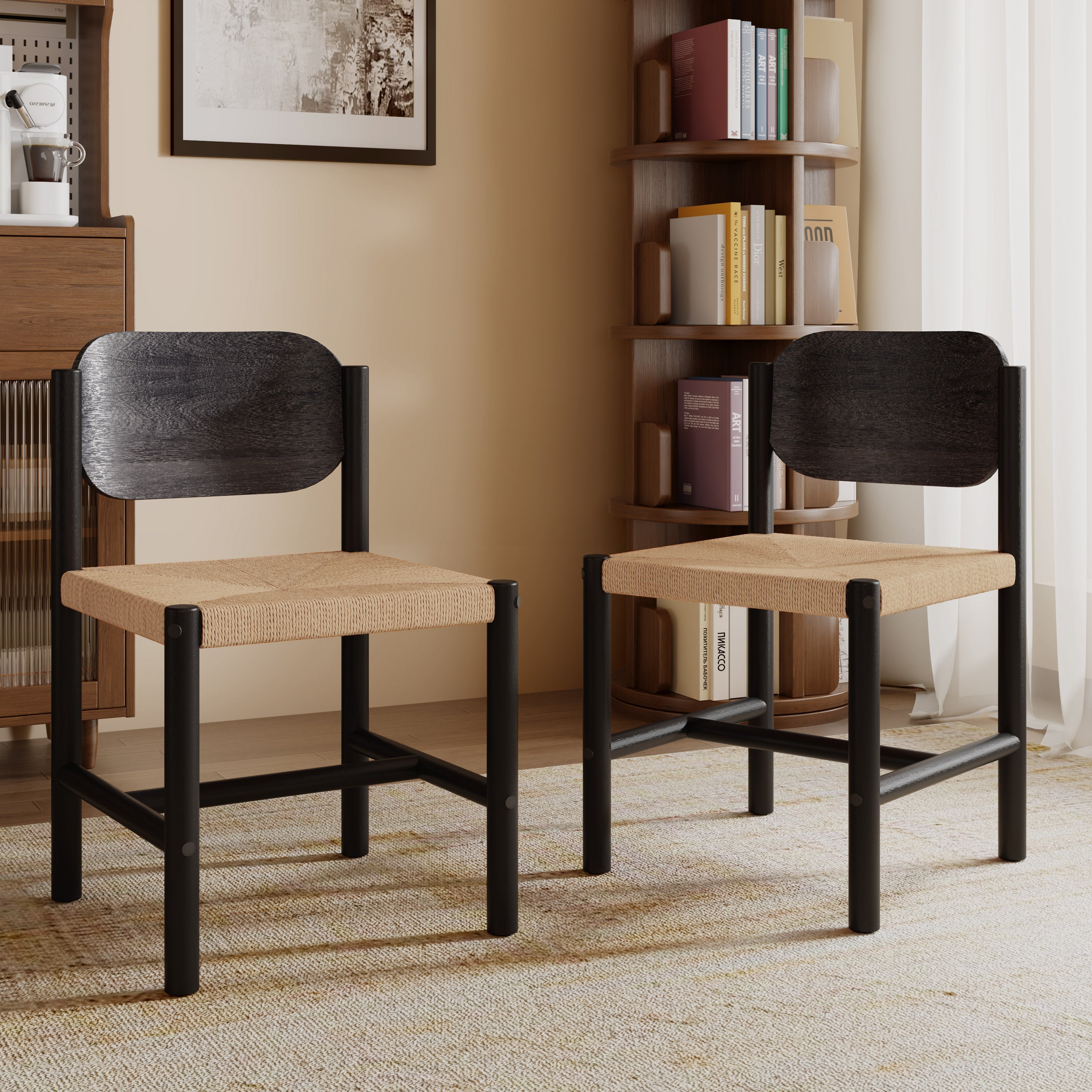 Farmington Wooden Dining Chairs with Beige Paper Rope Weave Seat, Set of 2