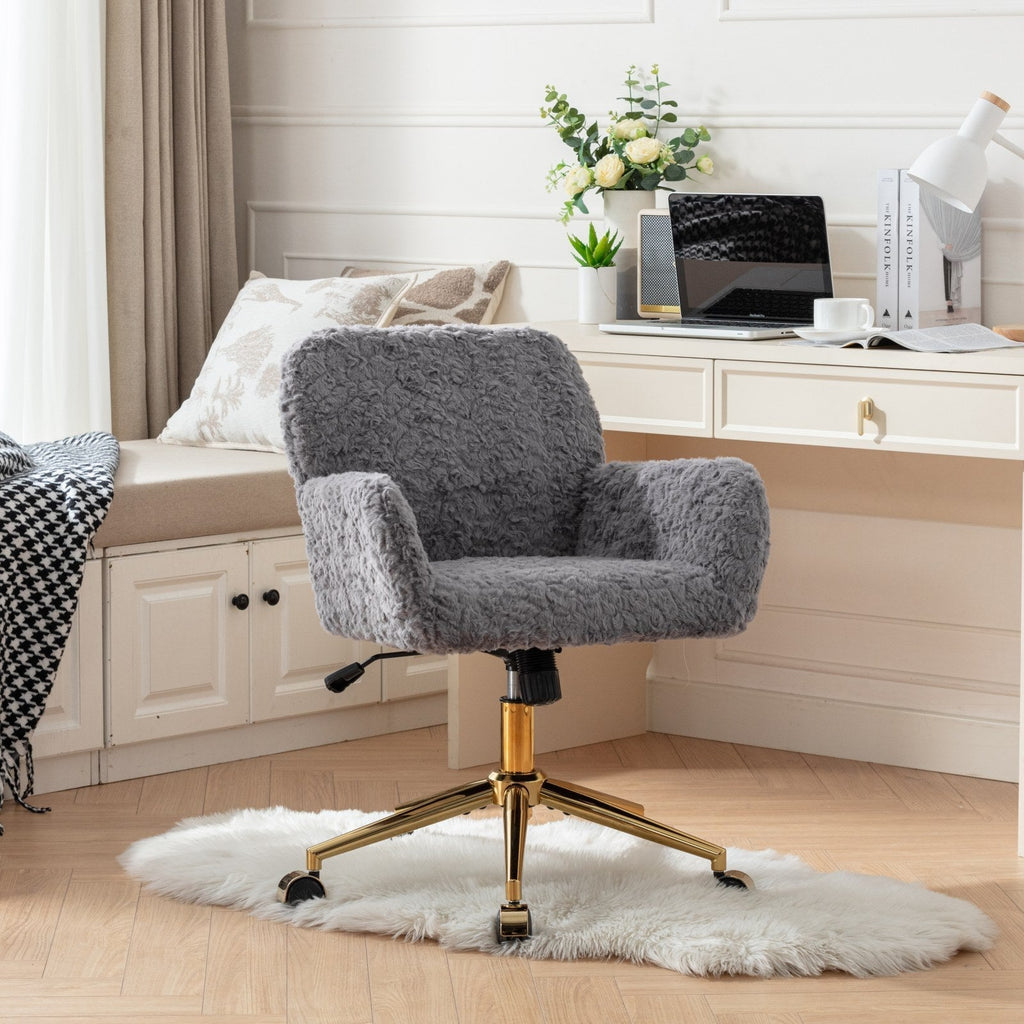 Faux Rabbit Hair Office Chair with Golden Metal Base, Adjustable Swivel