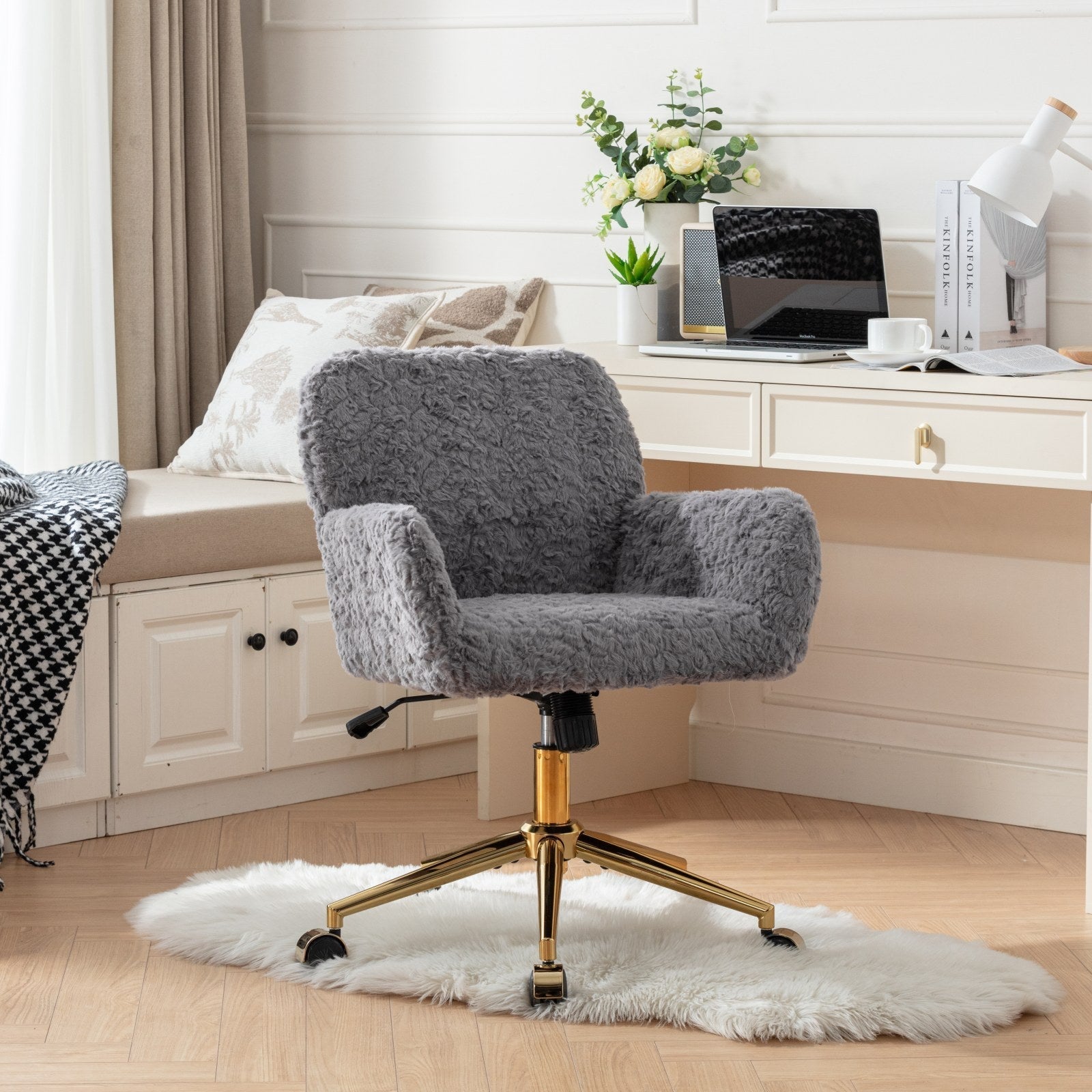 Faux Rabbit Hair Office Chair with Golden Metal Base, Adjustable Swivel