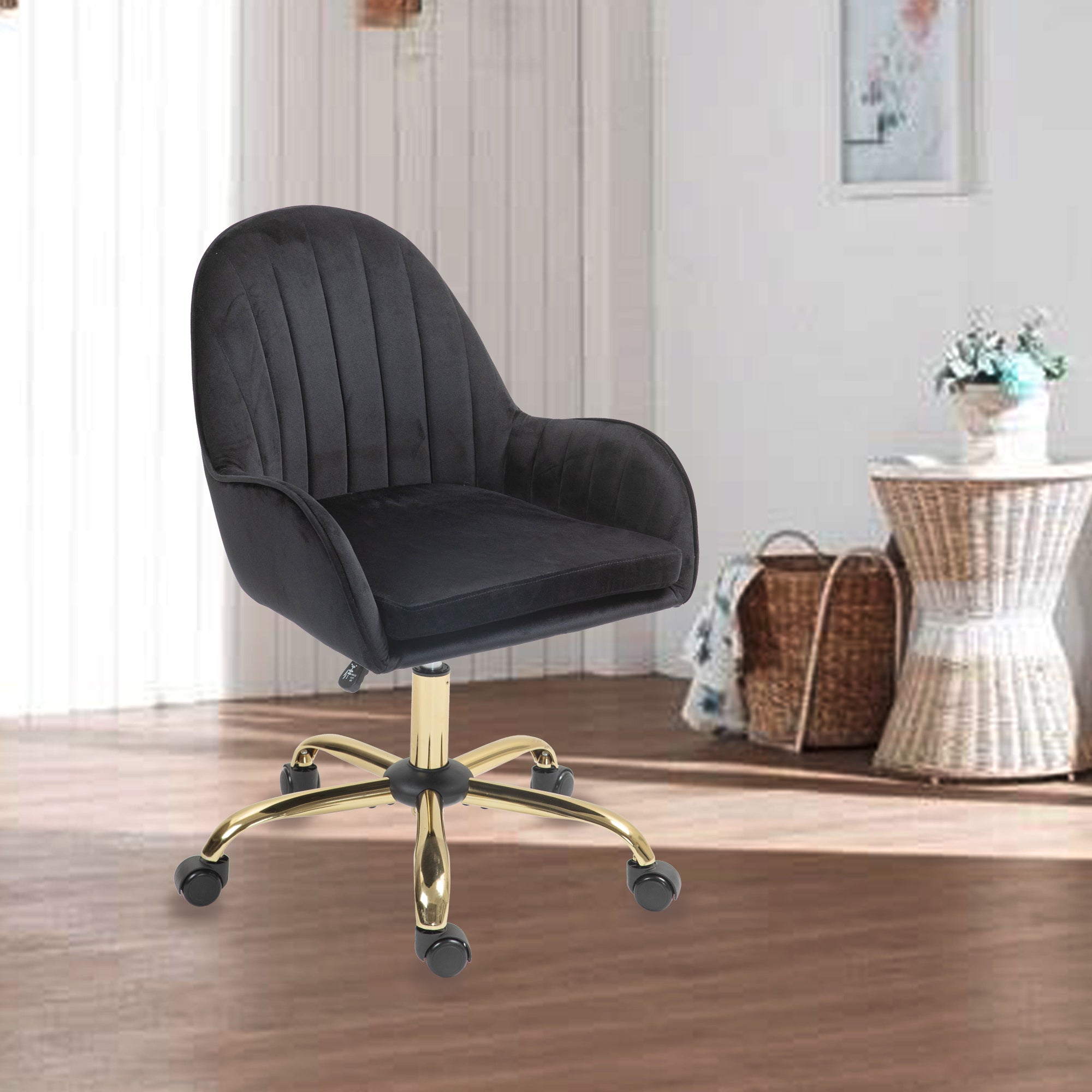 Velvet Home Office Chair with Wheels and Gold Metal Base