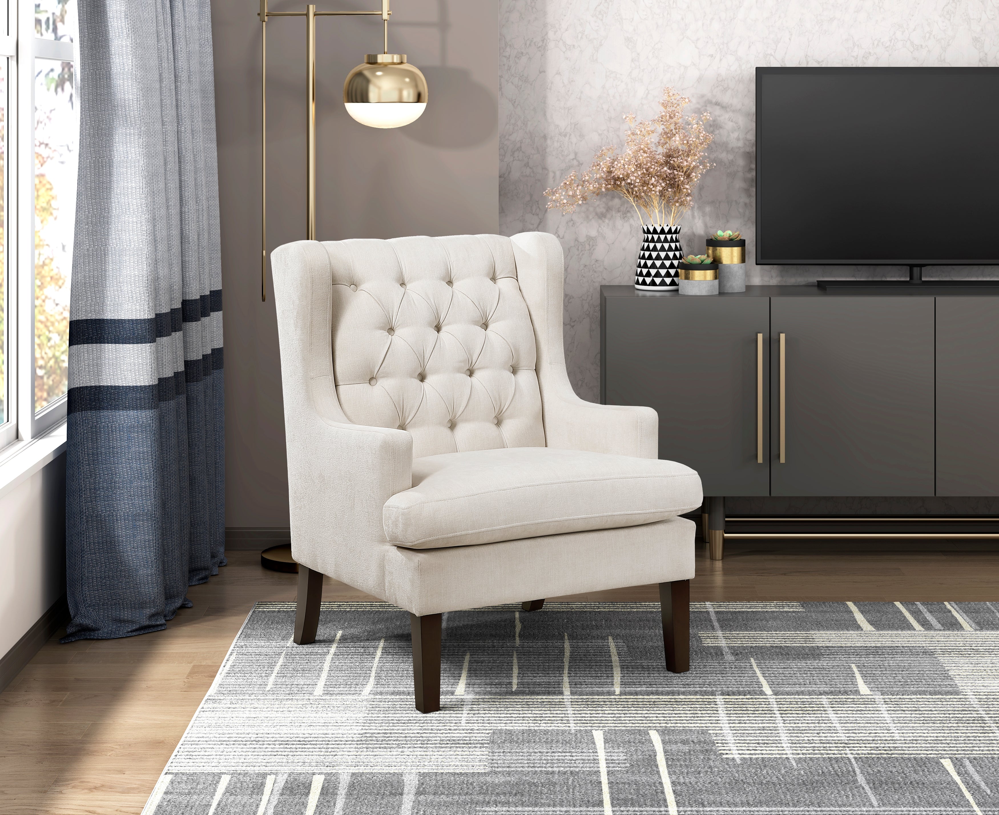 Button-Tufted Upholstered High Back Accent Chair