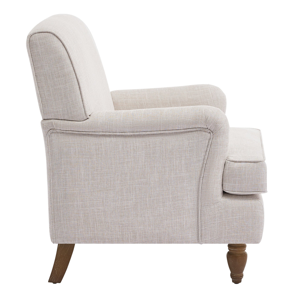 Benton Upholstered Linen Fabric Armchair with Antique Solid Wood Legs