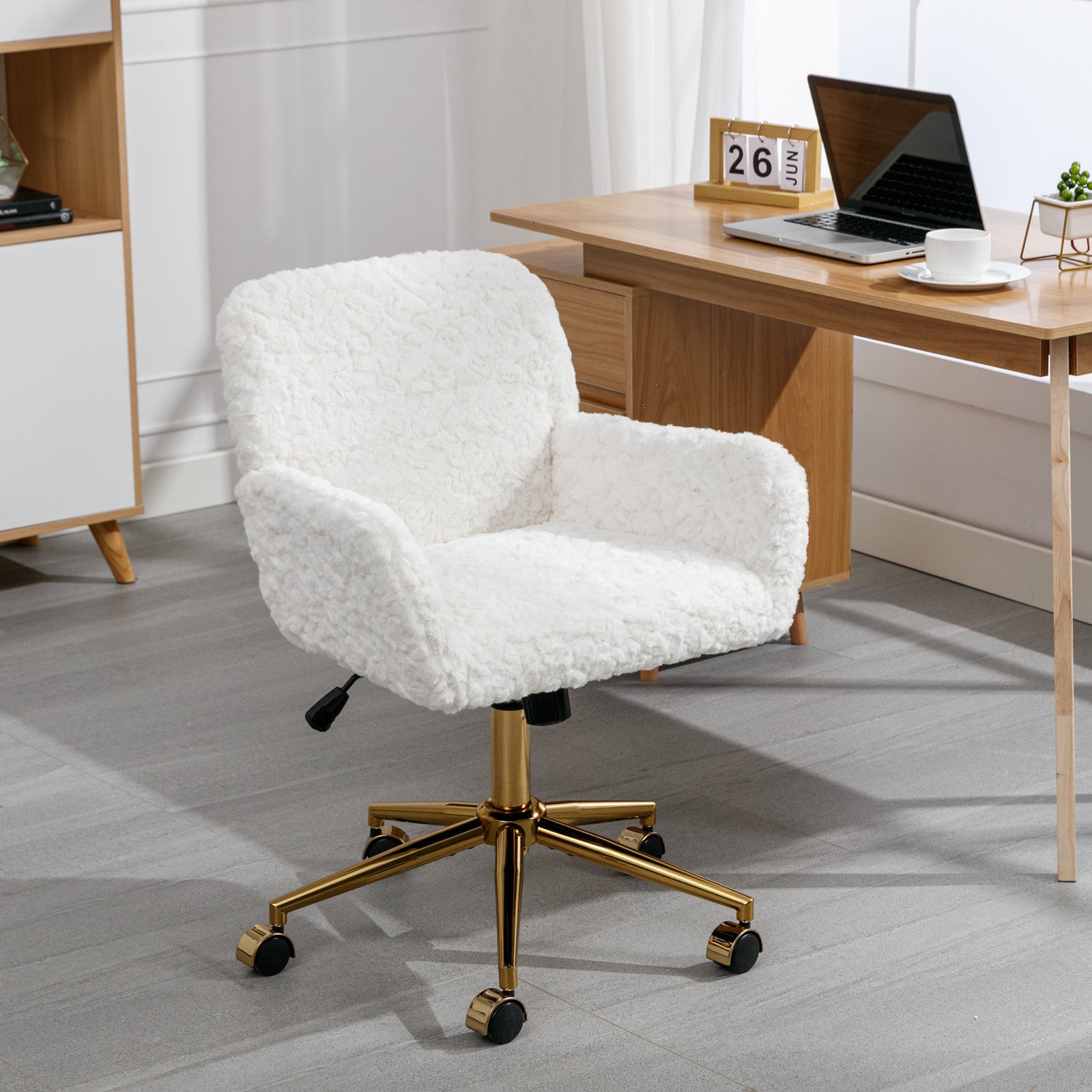 Faux Rabbit Hair Office Chair with Golden Metal Base, Adjustable Swivel