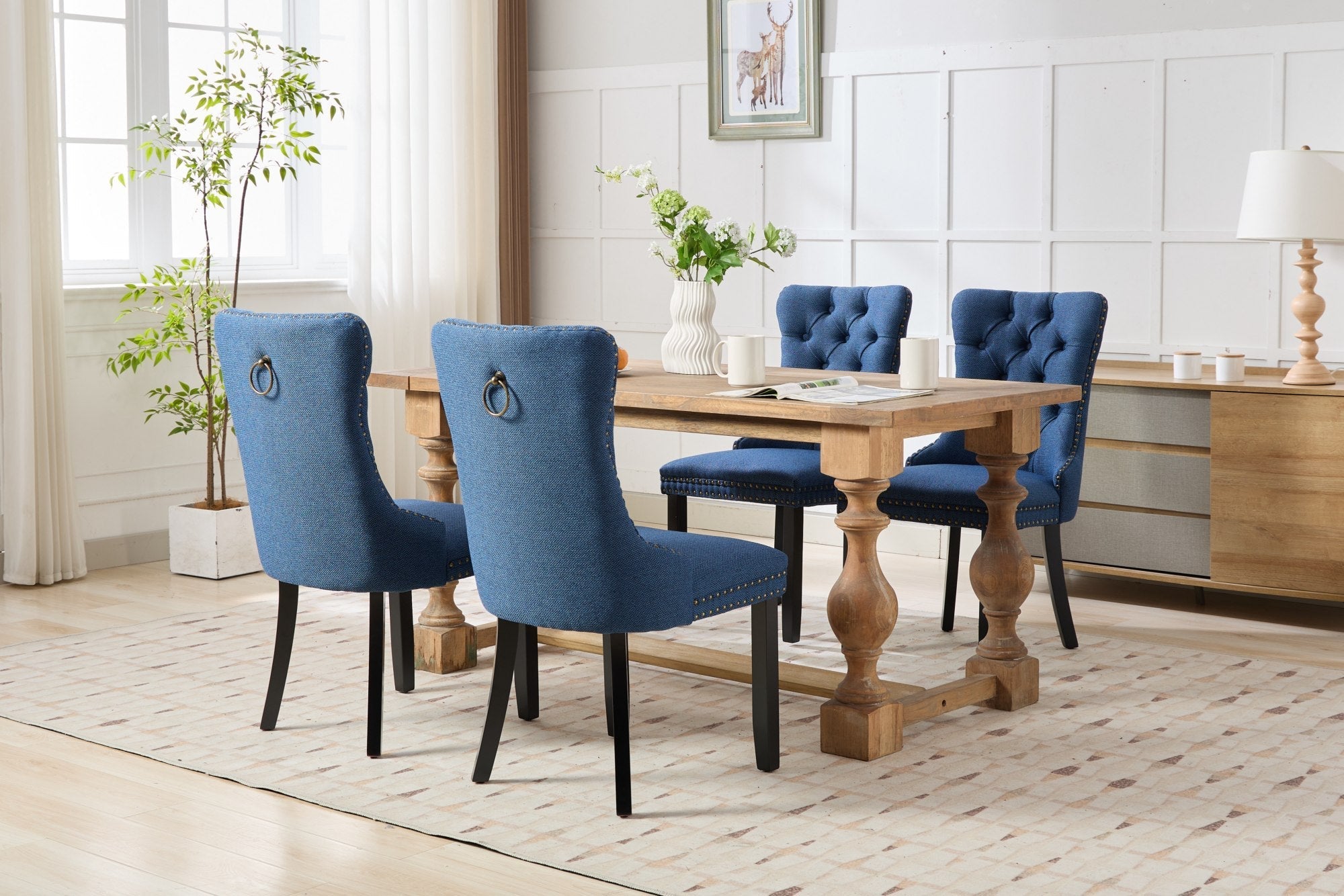 Rosewick Modern Tufted Linen Nailhead Trim Solid Wood Upholstered Dining Chair with Black Legs, Set of 2