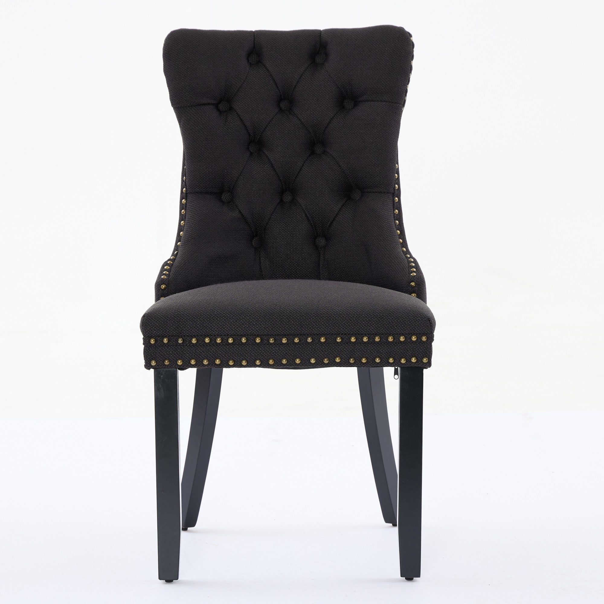 Rosewick Modern Tufted Linen Nailhead Trim Solid Wood Upholstered Dining Chair with Black Legs, Set of 2