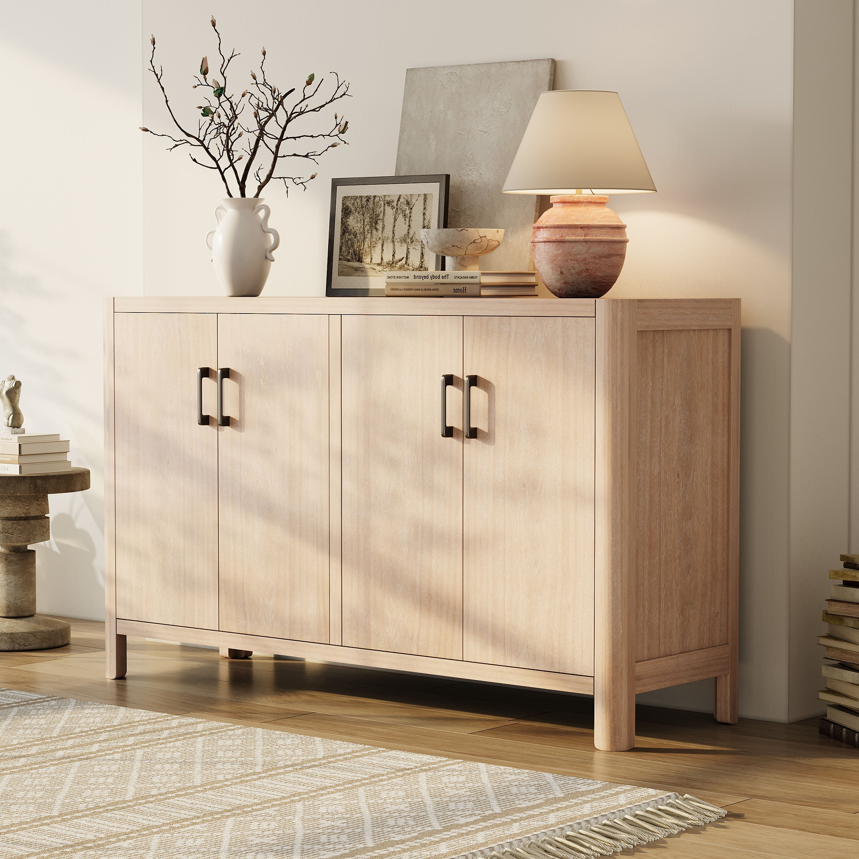 Farmhouse Style 4-Door Cabinet with Natural Distressed Finish