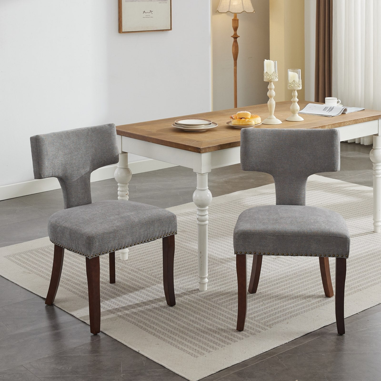 Mid Century Modern T-Back Dining Chairs with Nailhead Trim, Set of 2