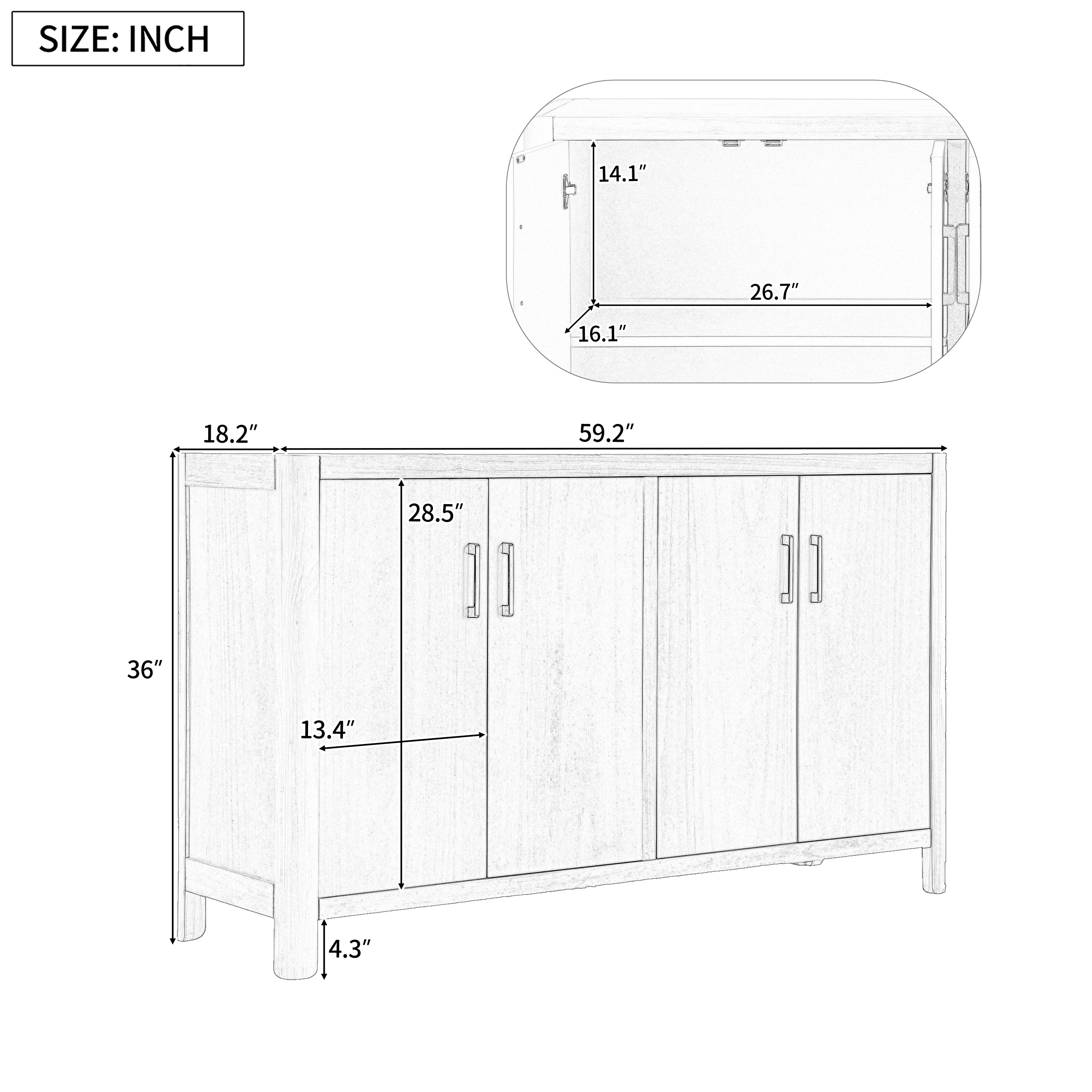 Farmhouse Style 4-Door Cabinet with Natural Distressed Finish