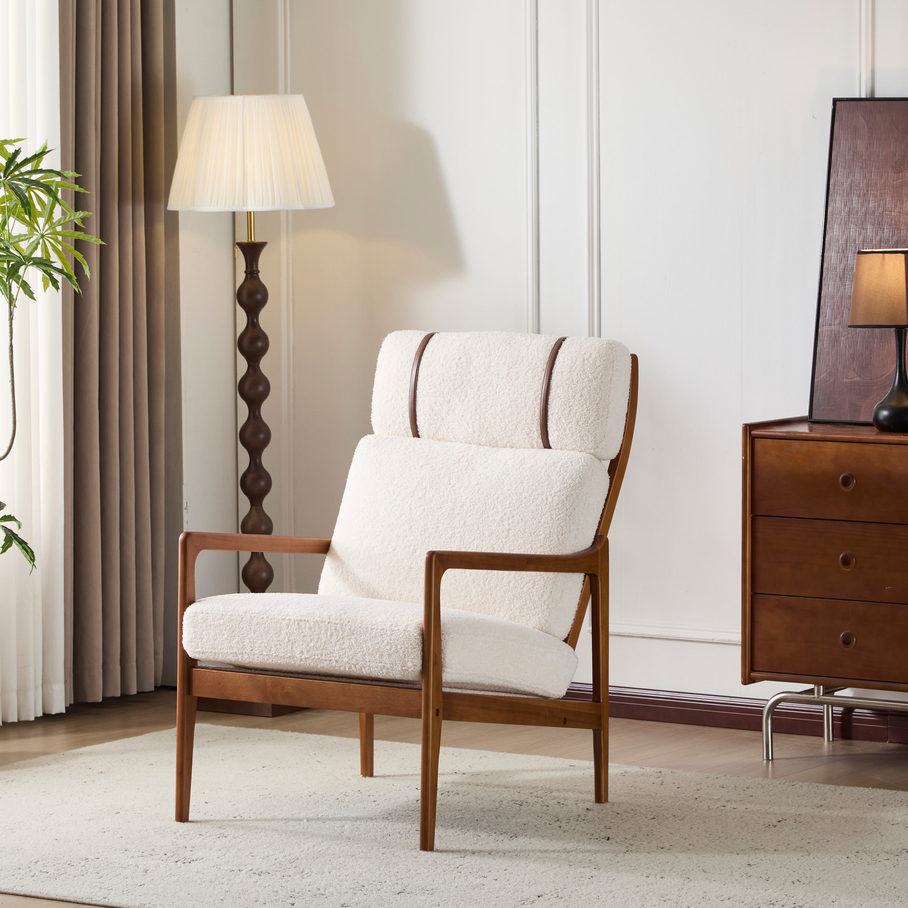 Birchmere Mid Century Modern Accent Armchair, Solid Wood Frame with High Back & Upholstered Cushions