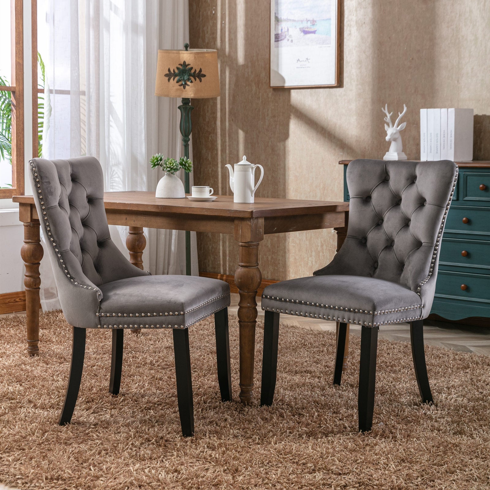 Rosewick Modern Tufted Velvet Nailhead Trim Solid Wood Upholstered Dining Chair with Wood Legs, Set of 2