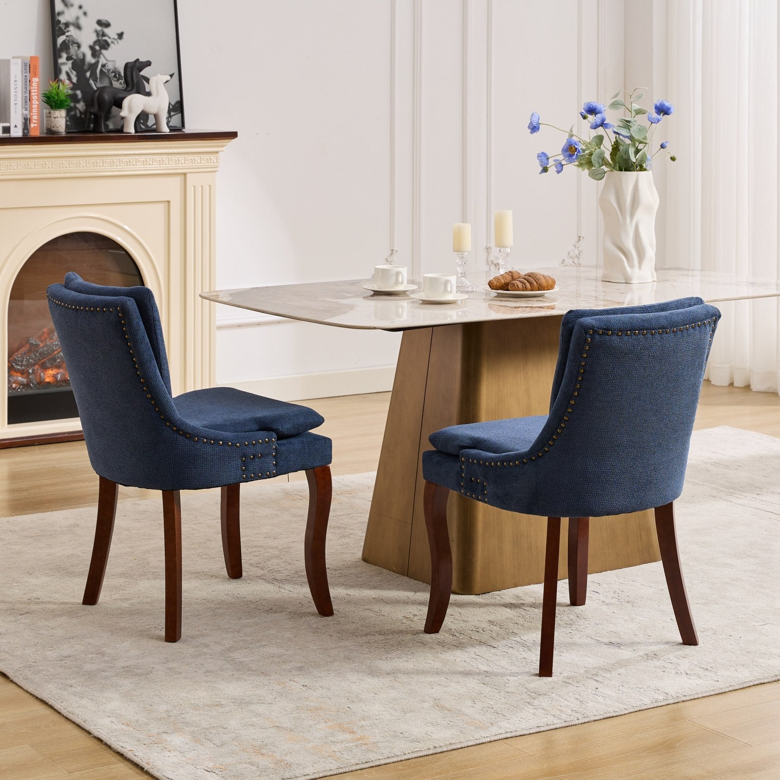 ChenilleUpholstered Dining Chairs with Curved Solid Wood Legs, Set of 2