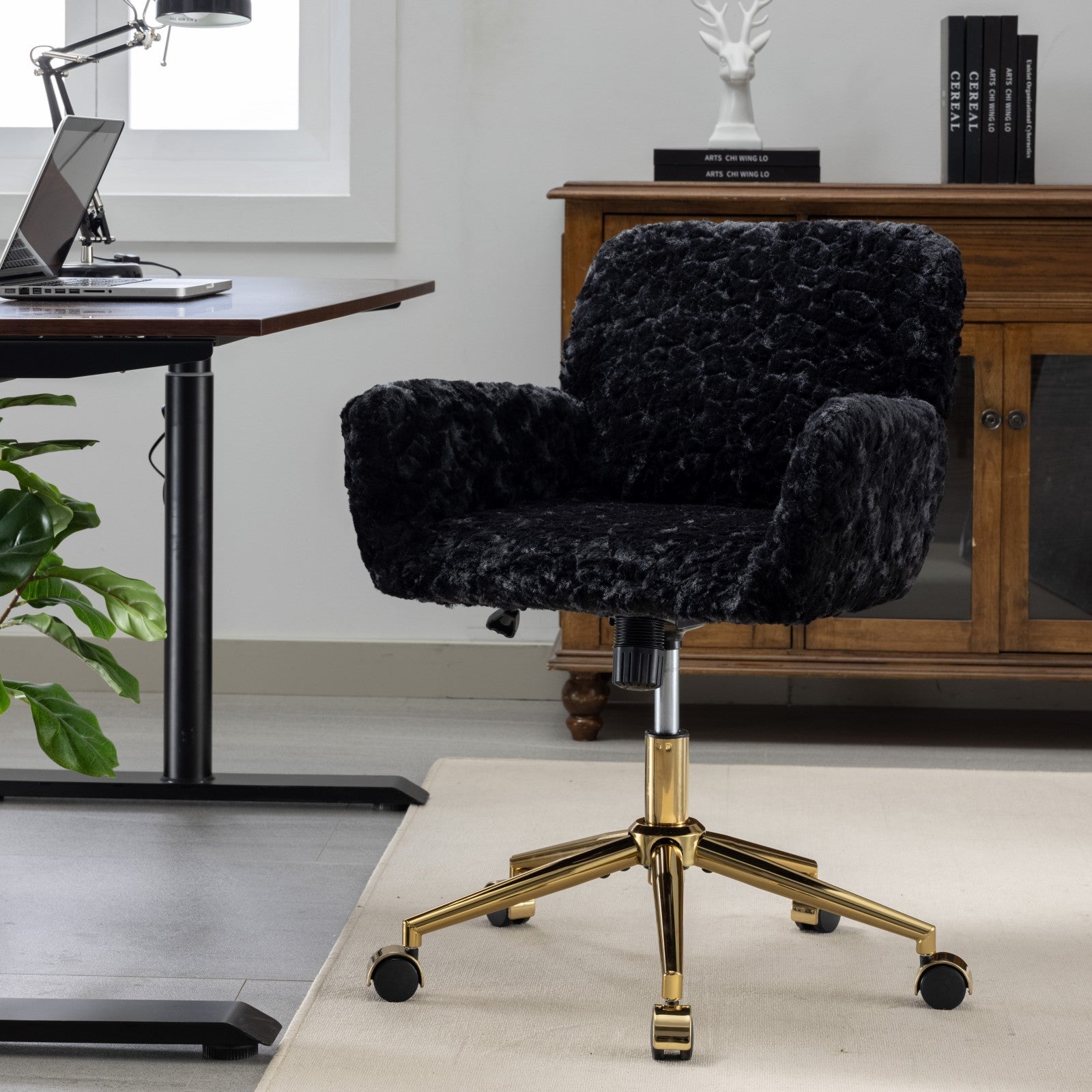 Faux Rabbit Hair Office Chair with Golden Metal Base, Adjustable Swivel