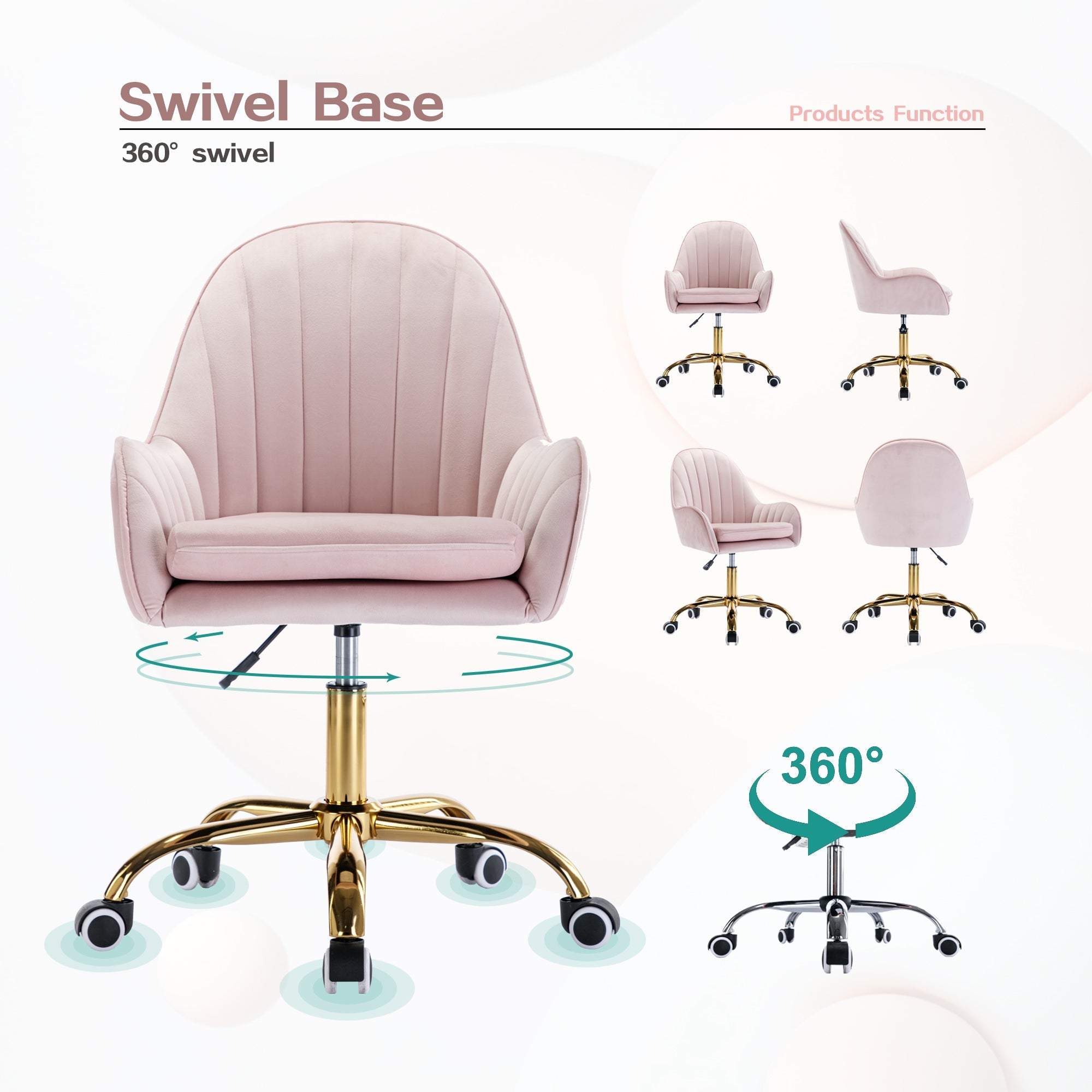 Velvet Home Office Chair with Wheels and Gold Metal Base