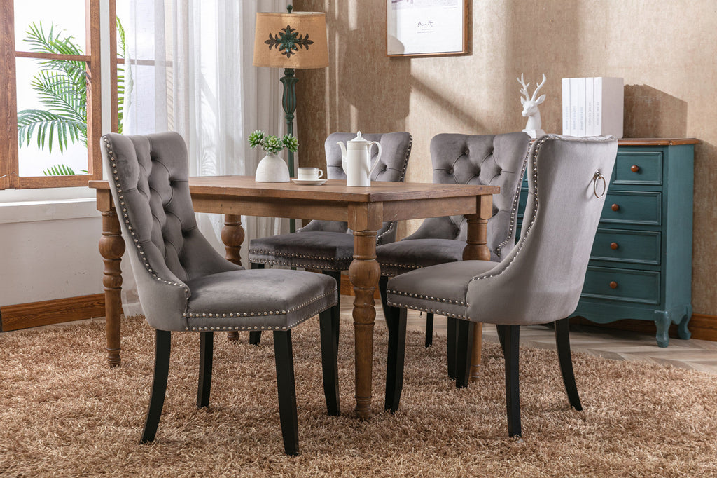 Rosewick Modern Tufted Velvet Nailhead Trim Solid Wood Upholstered Dining Chair with Wood Legs, Set of 2