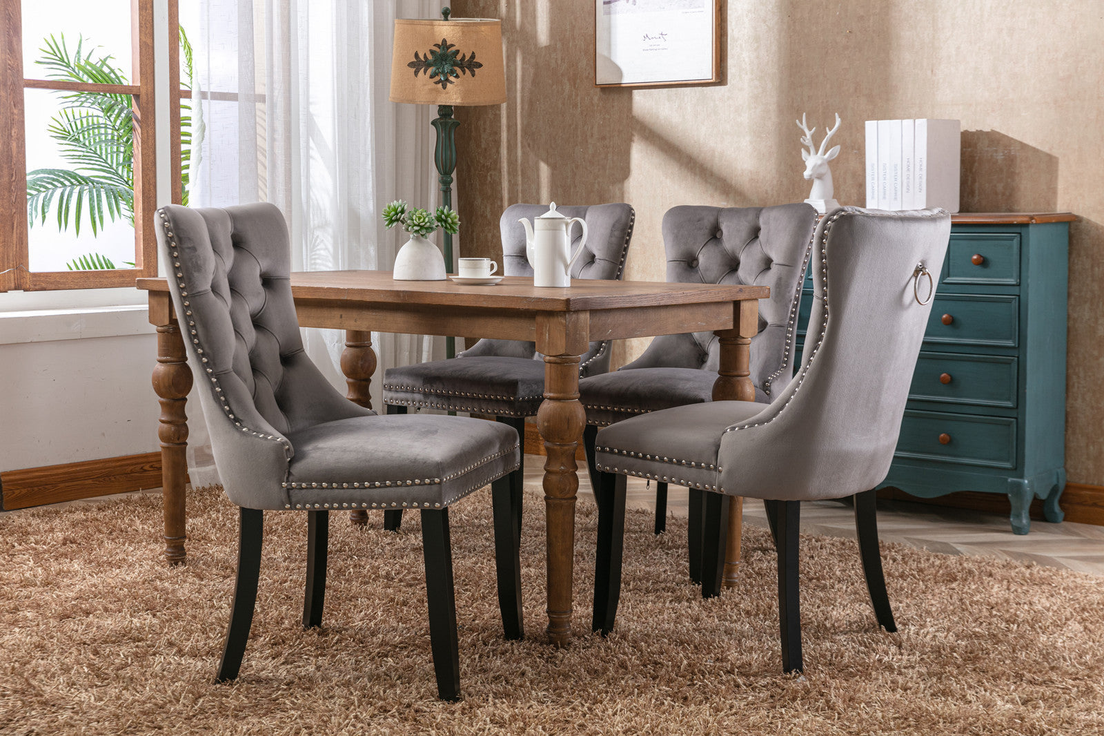 Rosewick Modern Tufted Velvet Nailhead Trim Solid Wood Upholstered Dining Chair with Wood Legs, Set of 2