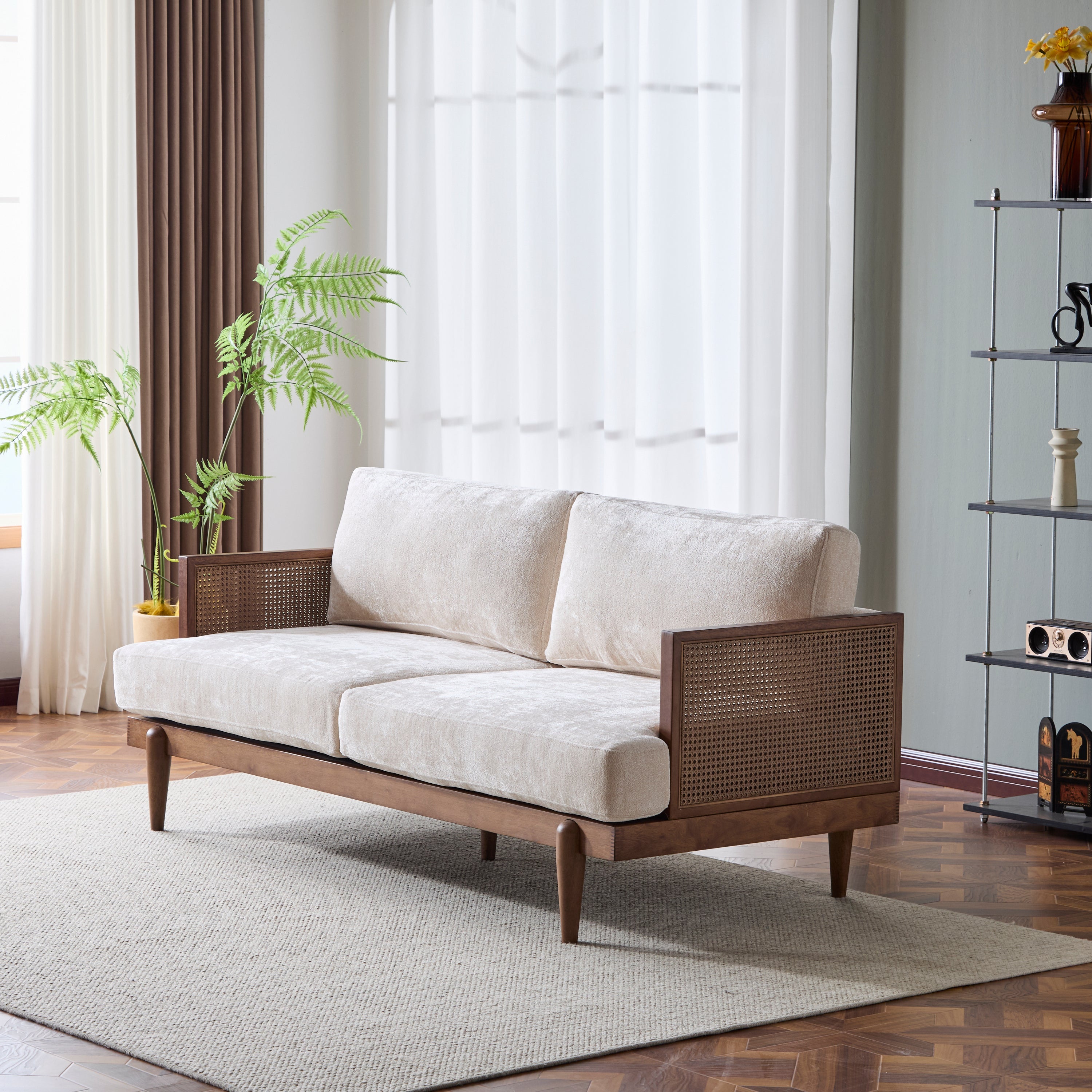 Square Arm 3-Seater Sofa with Cane Rattan and Wooden Frame
